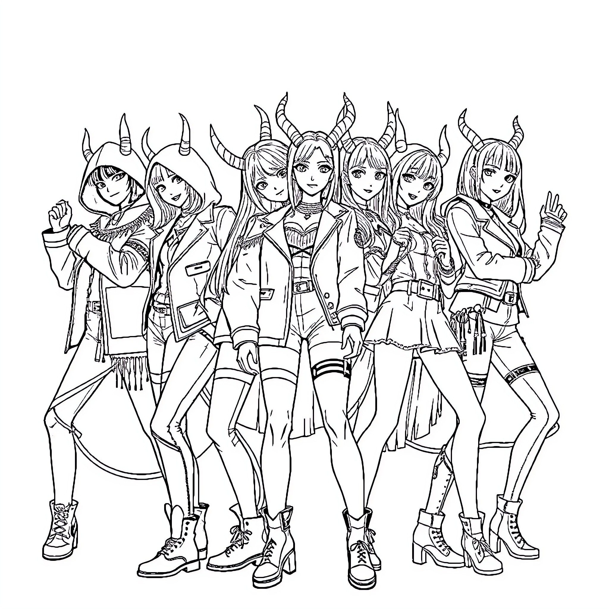 Kpop Idol Group Posing with Unique Outfits Coloring Page (free black-and-white line drawing printable PDF for all, from beginners to advanced learners, including children, teens, adults, and seniors)