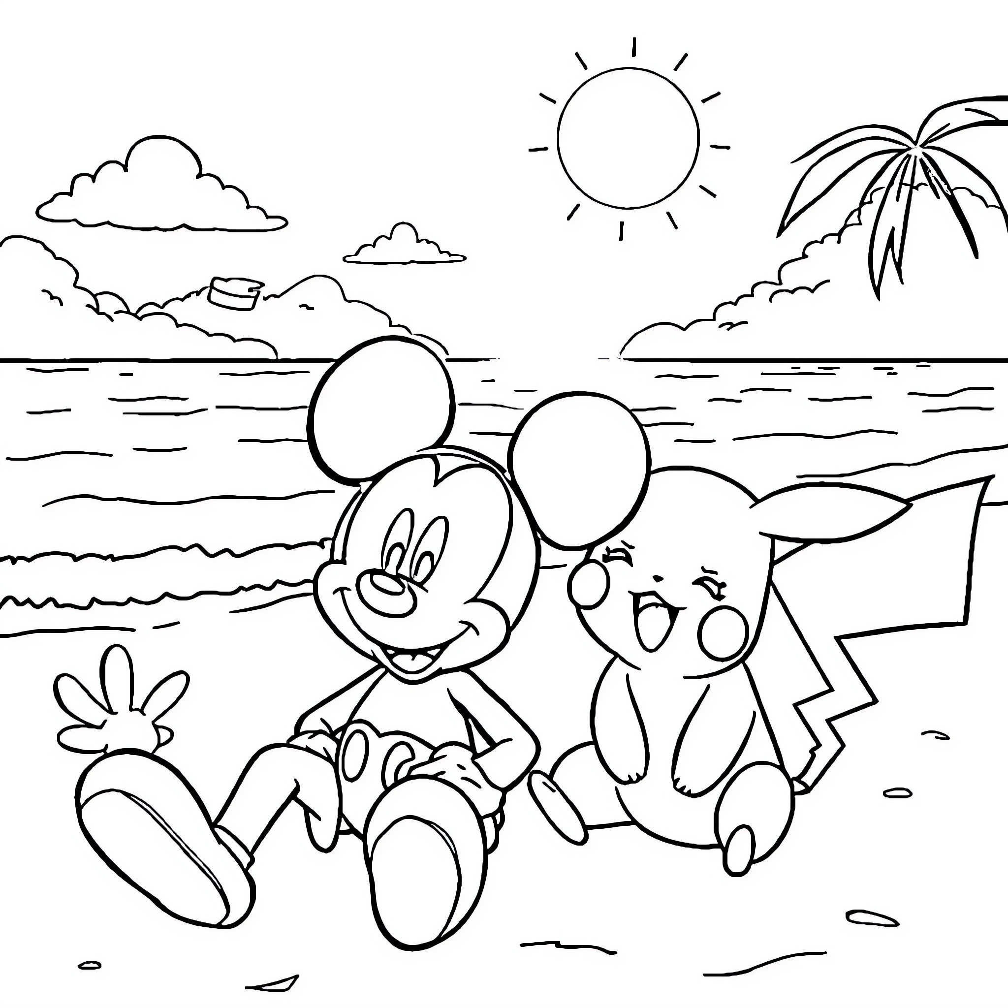 Mickey Mouse enjoying a sunny day at the beach Coloring Page (free black-and-white line drawing printable PDF for all, from beginners to advanced learners, including children, teens, adults, and seniors)