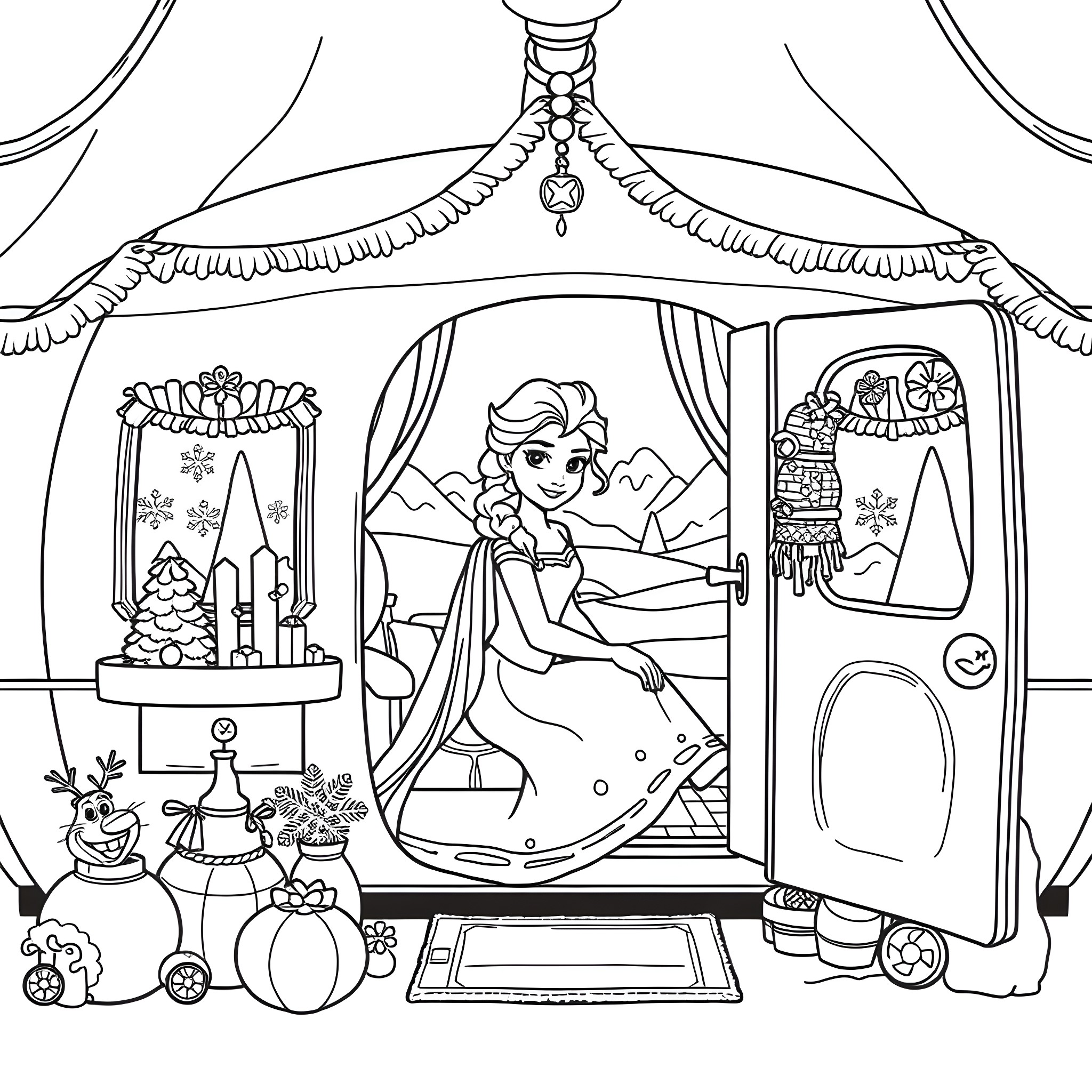 Elsa's Cozy Winter Wonderland Coloring Page (free black-and-white line drawing printable PDF for all, from beginners to advanced learners, including children, teens, adults, and seniors)