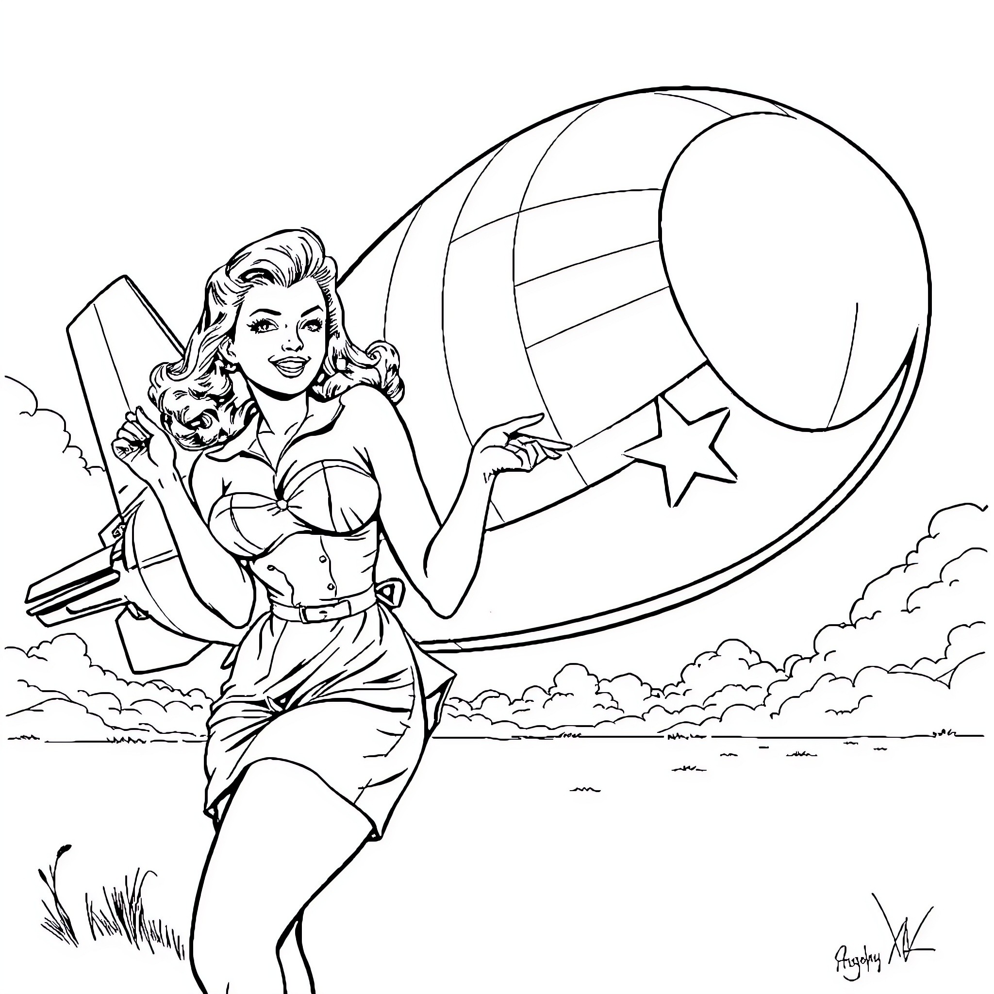 Pin Up Girl Strikes a Playful Pose with Cosmic Backdrop Coloring Page (free black-and-white line drawing printable PDF for all, from beginners to advanced learners, including children, teens, adults, and seniors)