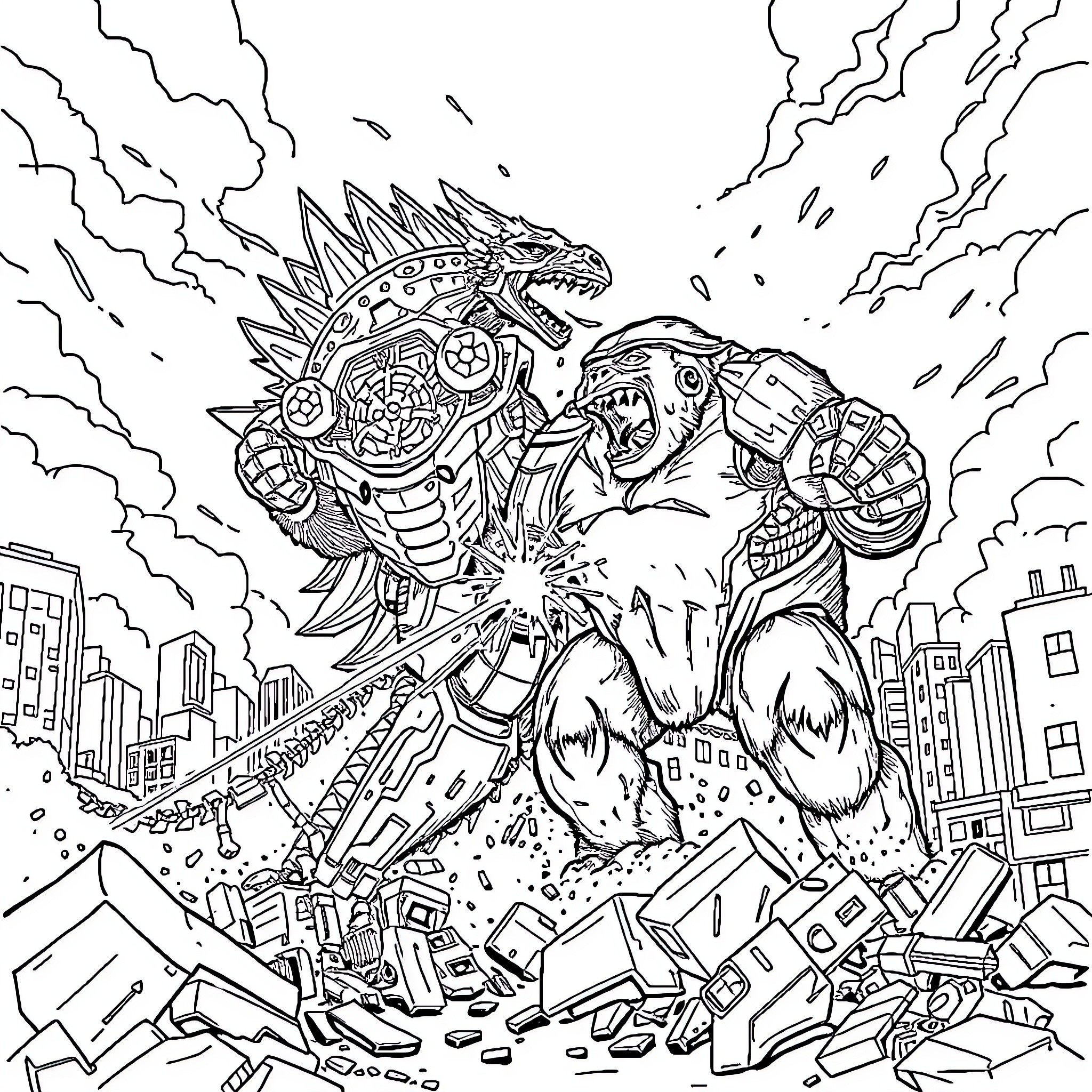 Mechagodzilla rampaging through a city in destruction Coloring Page (free black-and-white line drawing printable PDF for all, from beginners to advanced learners, including children, teens, adults, and seniors)