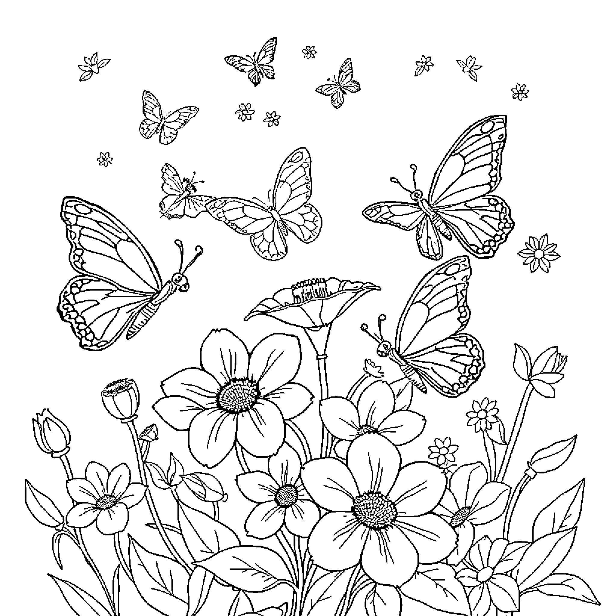 Butterfly garden with flowers and butterflies Coloring Page (free black-and-white line drawing printable PDF for all, from beginners to advanced learners, including children, teens, adults, and seniors)