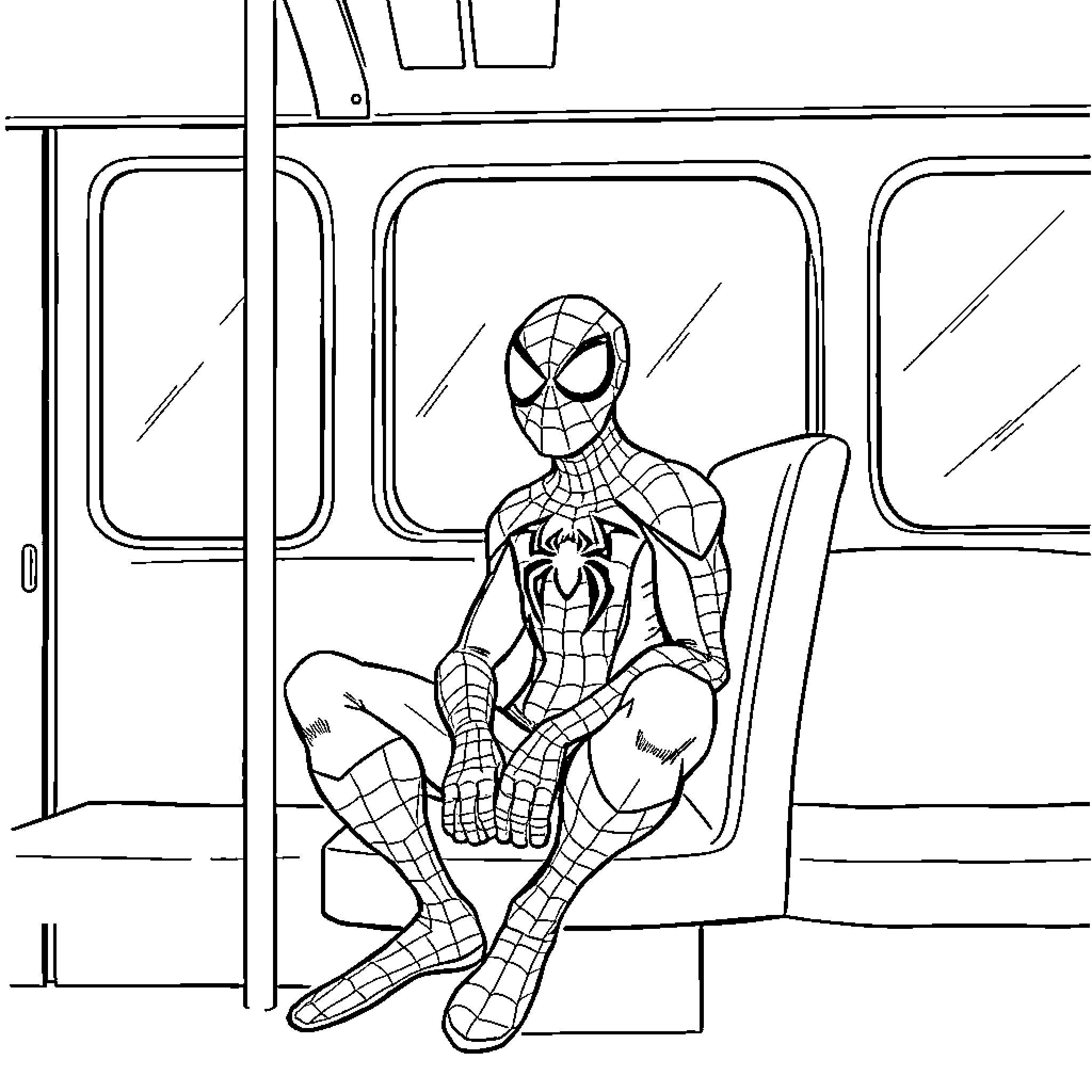 Spiderman sitting in a train car Coloring Page (free black-and-white line drawing printable PDF for all, from beginners to advanced learners, including children, teens, adults, and seniors)