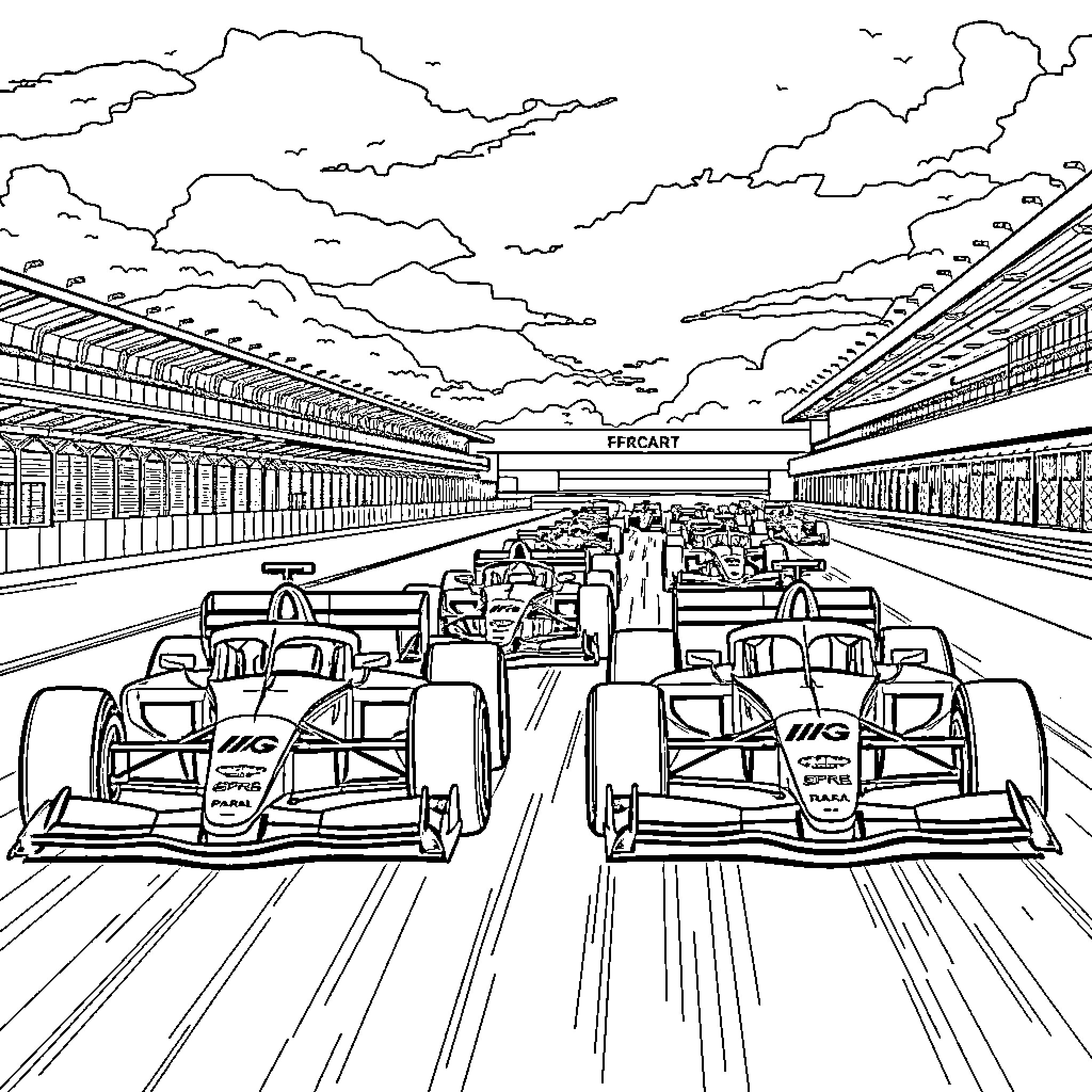 F1 Racecar Lineup on the Racetrack Coloring Page (free black-and-white line drawing printable PDF for all, from beginners to advanced learners, including children, teens, adults, and seniors)