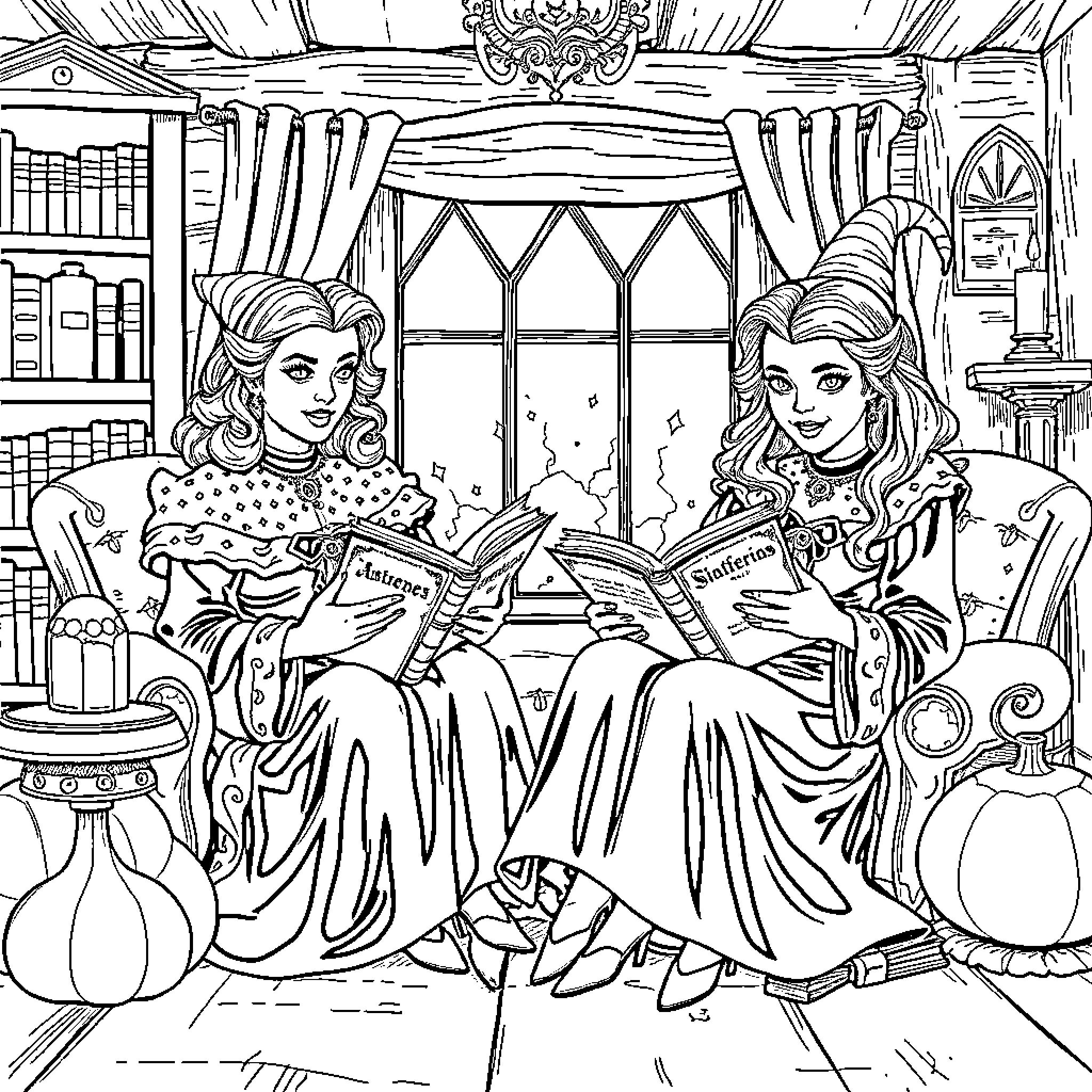 Sanderson Sisters reading enchanting books in cozy cottage Coloring Page (free black-and-white line drawing printable PDF for all, from beginners to advanced learners, including children, teens, adults, and seniors)