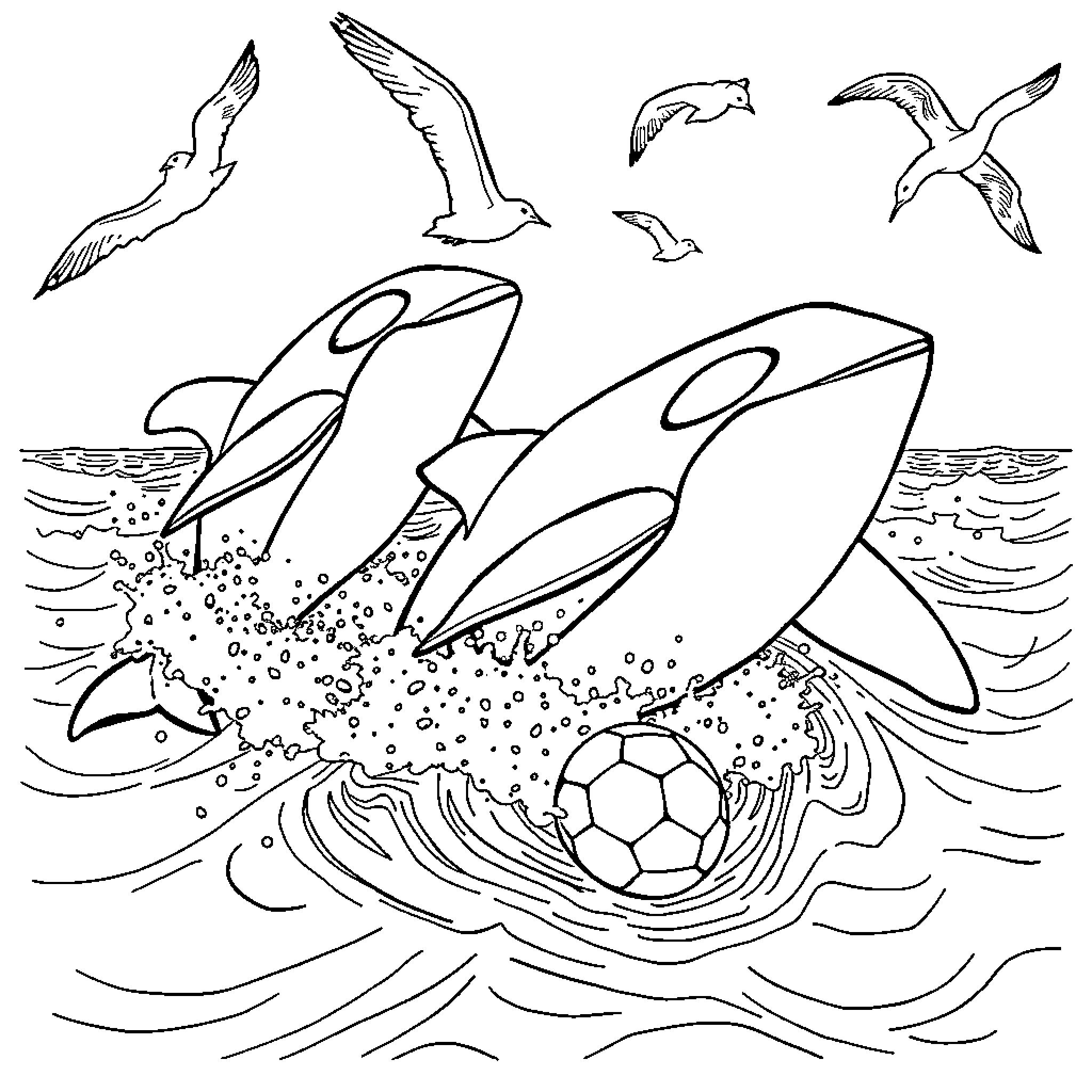 Orca playing with soccer ball in the ocean Coloring Page (free black-and-white line drawing printable PDF for all, from beginners to advanced learners, including children, teens, adults, and seniors)