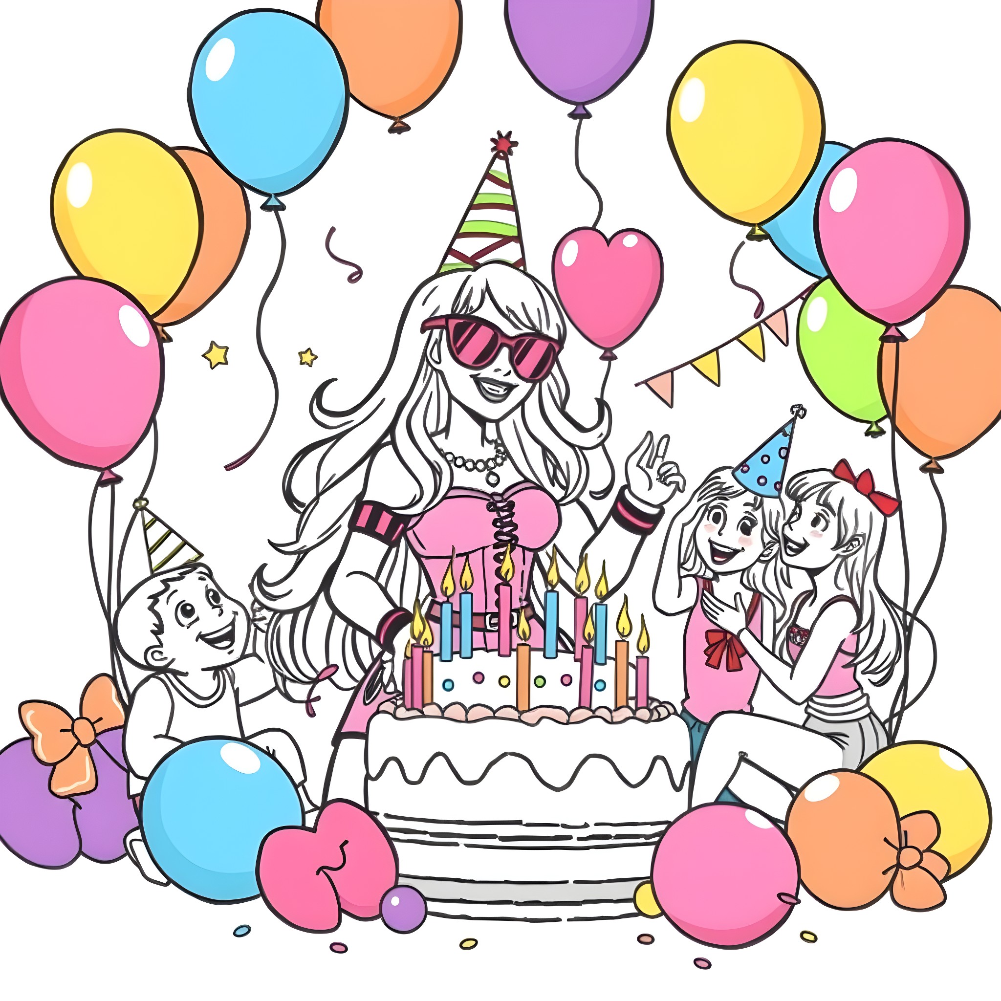 Harley's Vibrant Birthday Celebration with Loved Ones Coloring Page (free black-and-white line drawing printable PDF for all, from beginners to advanced learners, including children, teens, adults, and seniors)