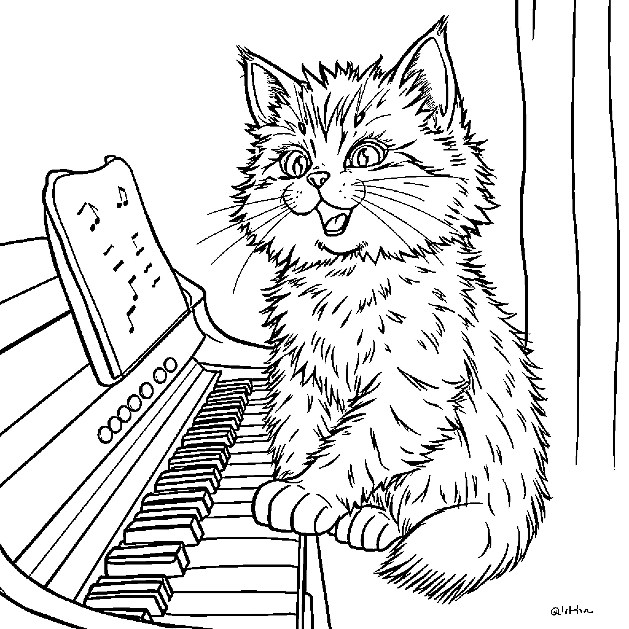 Cat playing joyfully on a piano Coloring Page (free black-and-white line drawing printable PDF for all, from beginners to advanced learners, including children, teens, adults, and seniors)