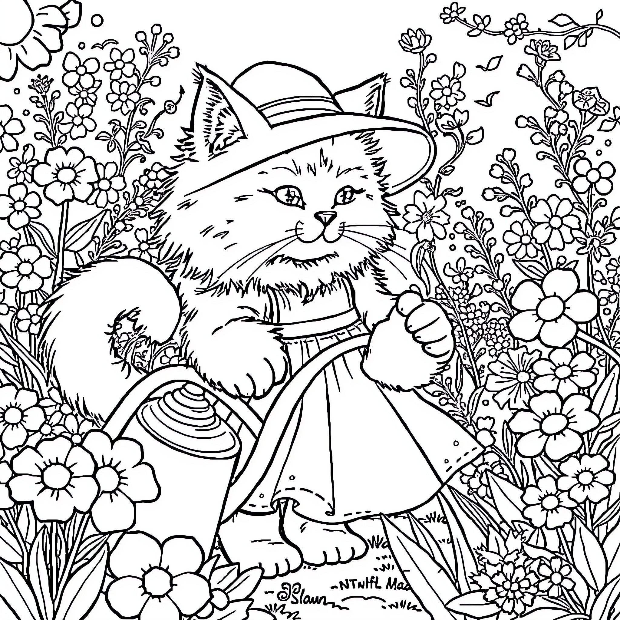 Cat in a Floral Garden Coloring Page (free black-and-white line drawing printable PDF for all, from beginners to advanced learners, including children, teens, adults, and seniors)