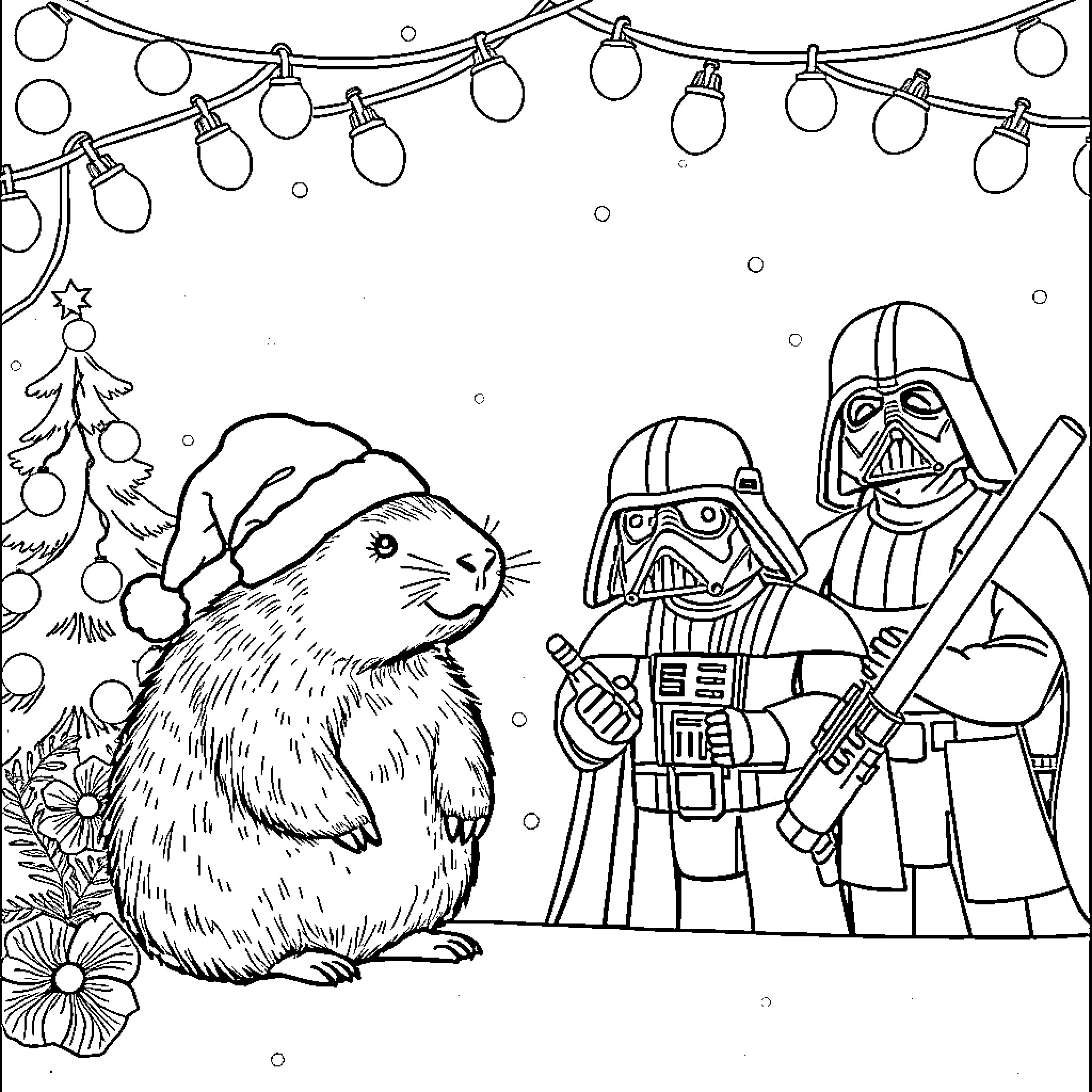Capybara and Darth Vader in winter wonderland Coloring Page (free black-and-white line drawing printable PDF for all, from beginners to advanced learners, including children, teens, adults, and seniors)