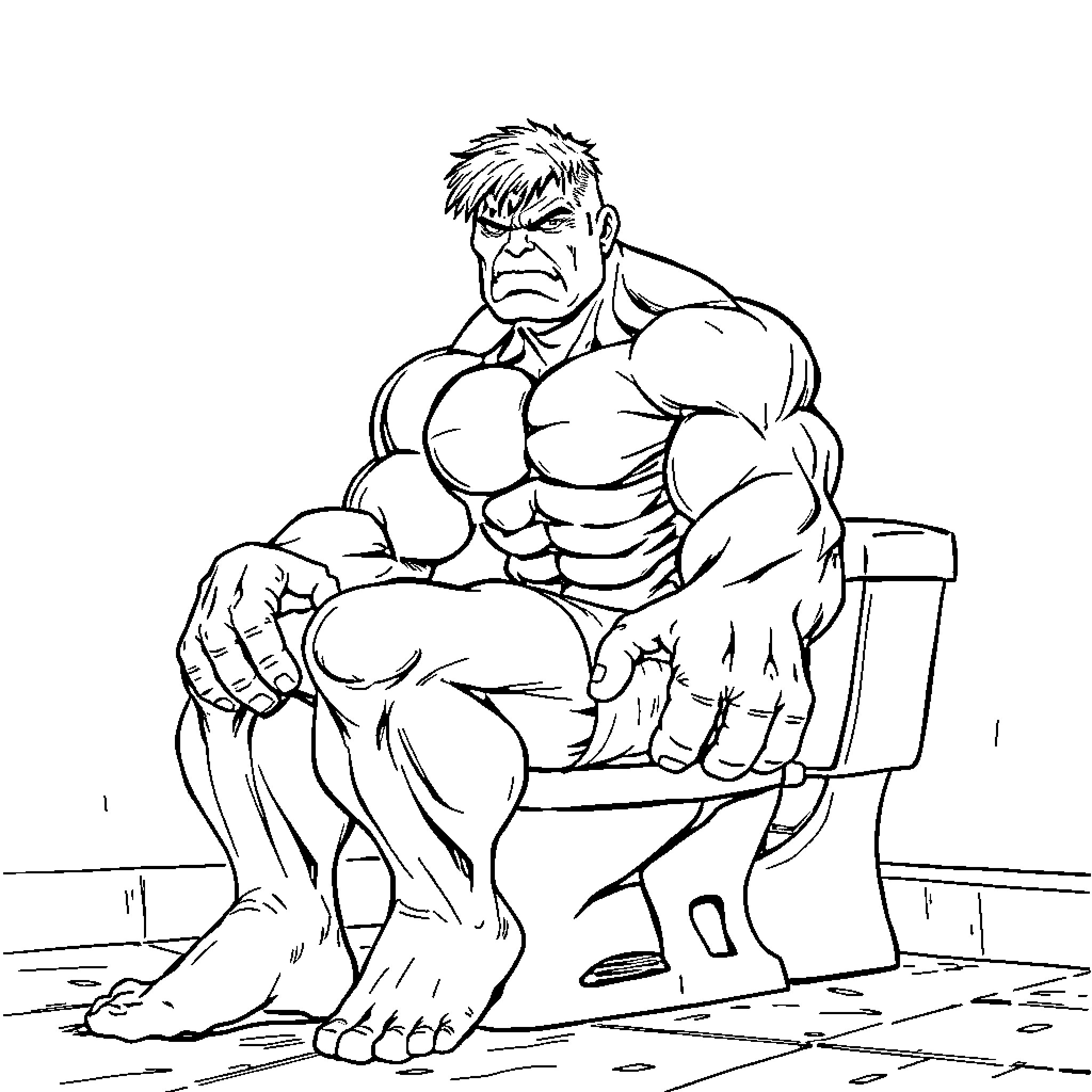 Hulk relaxing in a pensive pose Coloring Page (free black-and-white line drawing printable PDF for all, from beginners to advanced learners, including children, teens, adults, and seniors)