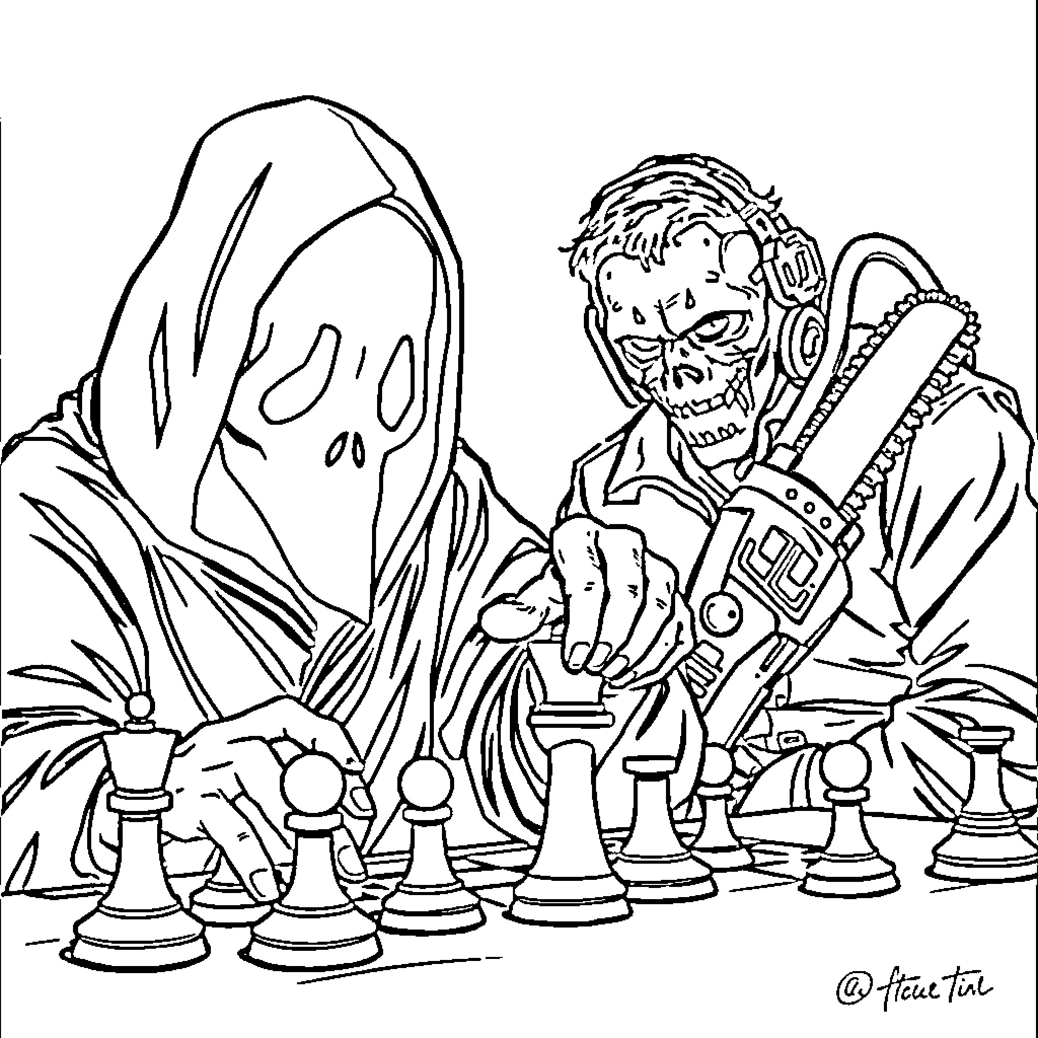Ghost Face Plays a Sinister Chess Game Coloring Page (free black-and-white line drawing printable PDF for all, from beginners to advanced learners, including children, teens, adults, and seniors)