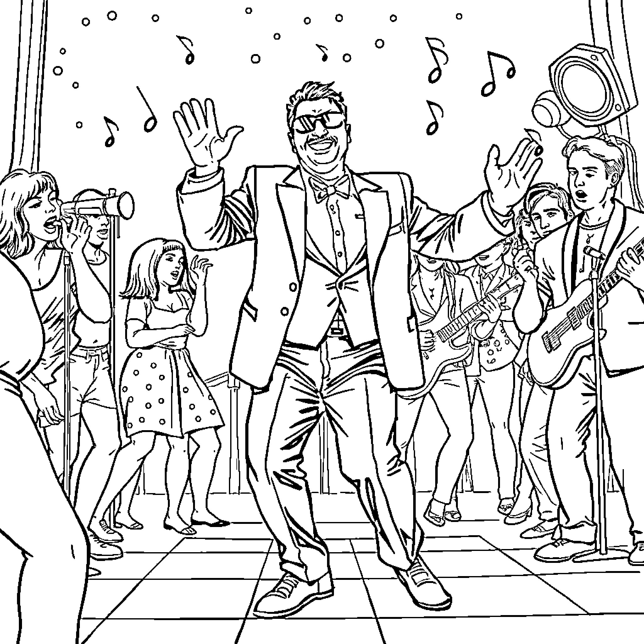Tony Soprano performing on stage with a band Coloring Page (free black-and-white line drawing printable PDF for all, from beginners to advanced learners, including children, teens, adults, and seniors)