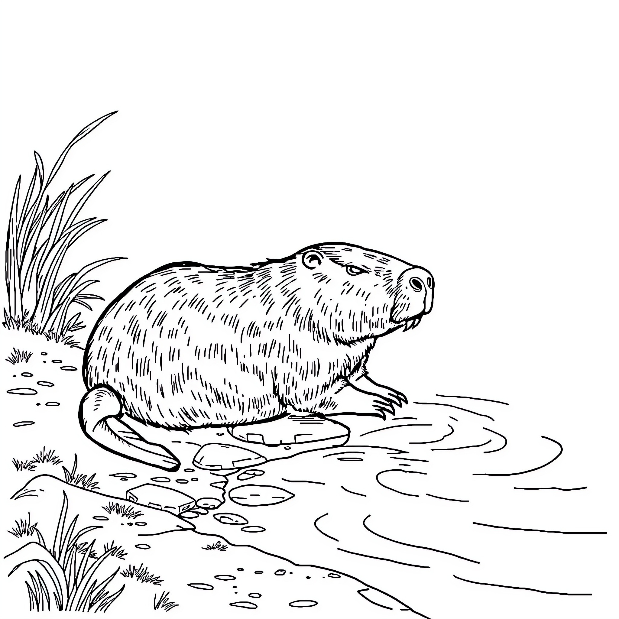 Capybara relaxing in a natural setting Coloring Page (free black-and-white line drawing printable PDF for all, from beginners to advanced learners, including children, teens, adults, and seniors)