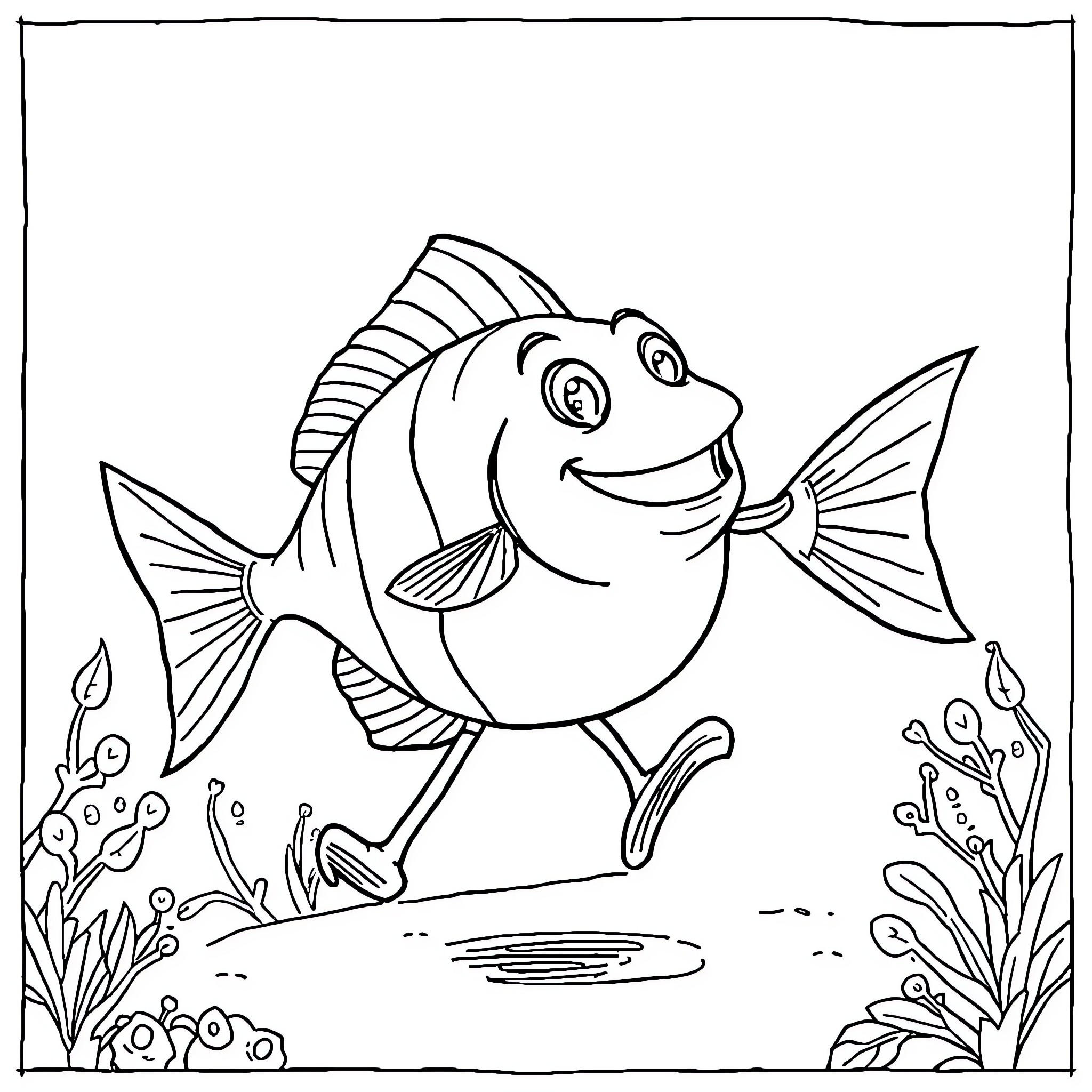 Fish swimming happily in the ocean Coloring Page (free black-and-white line drawing printable PDF for all, from beginners to advanced learners, including children, teens, adults, and seniors)