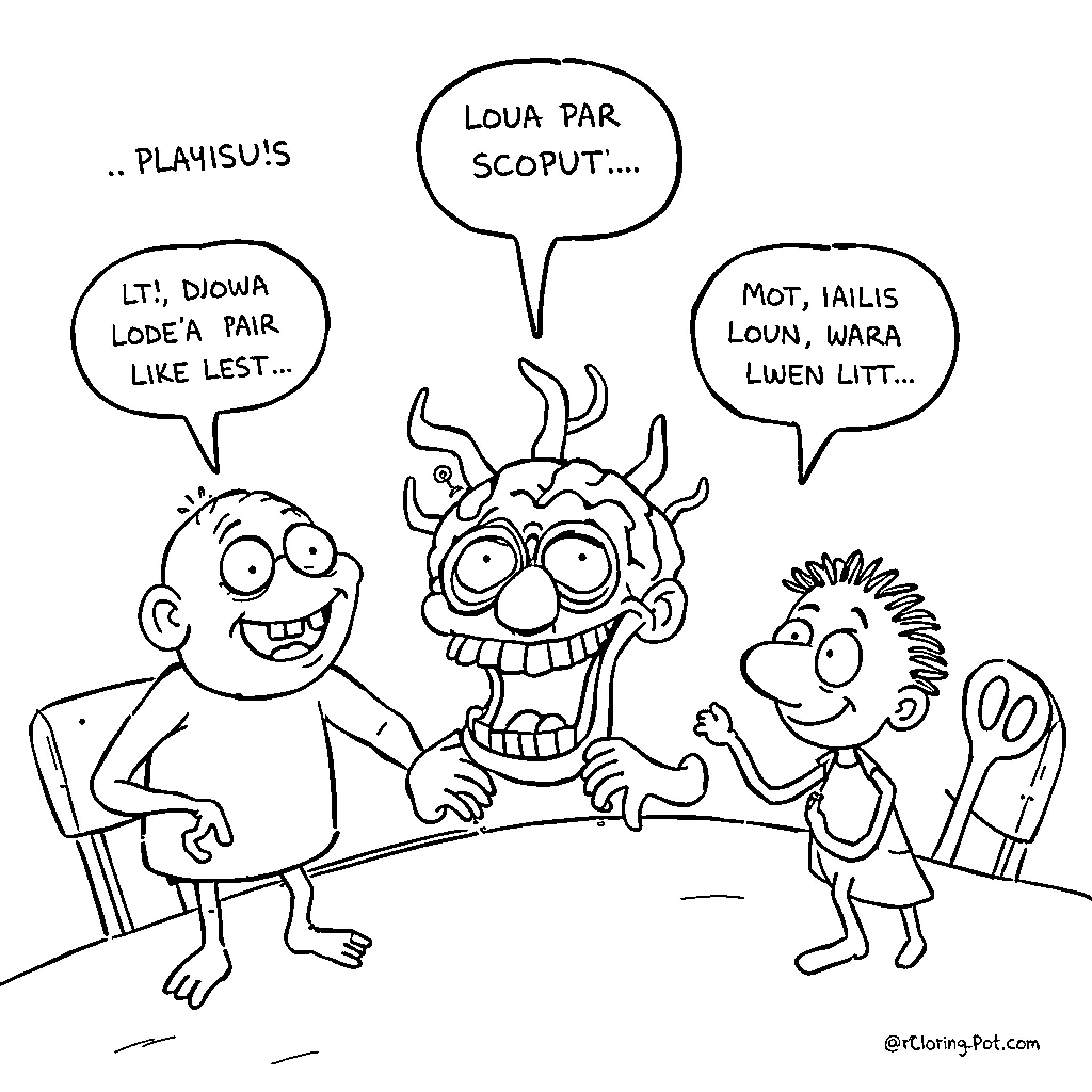 Meme of characters in comical conversation Coloring Page (free black-and-white line drawing printable PDF for all, from beginners to advanced learners, including children, teens, adults, and seniors)