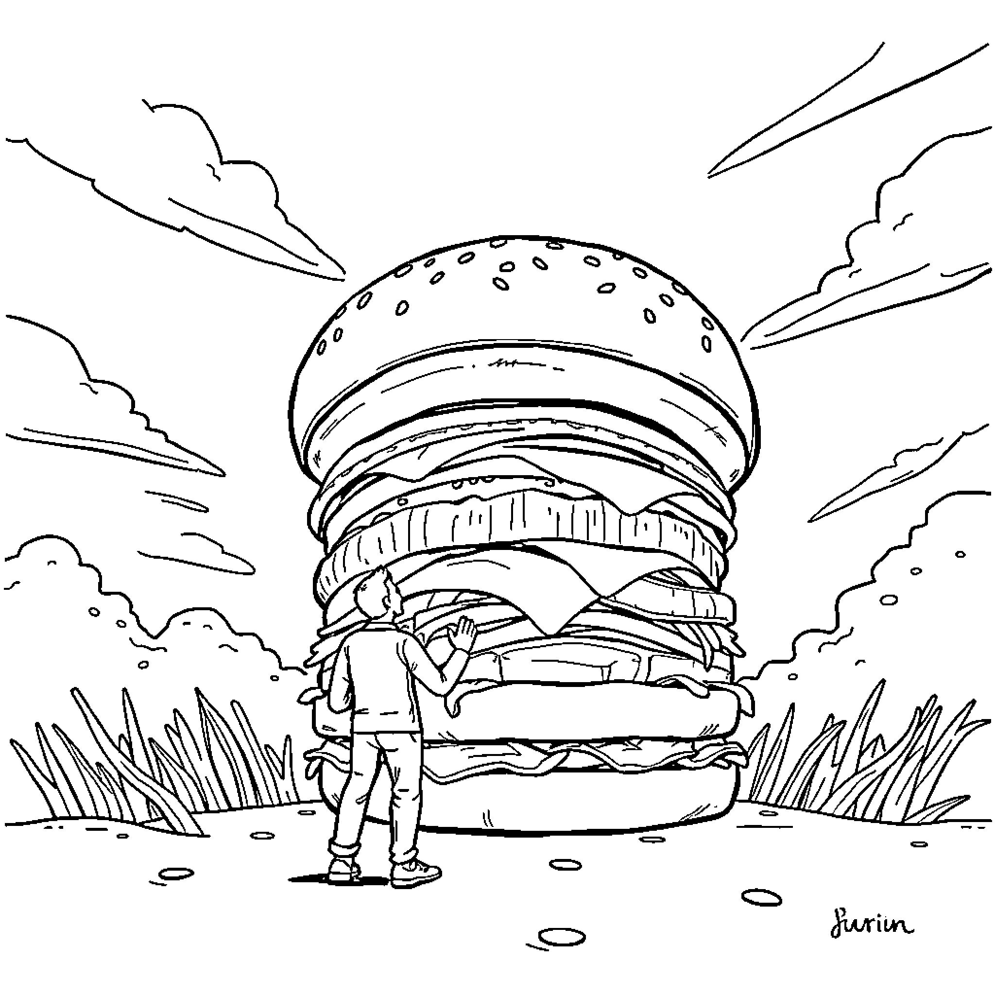 Burger-shaped sky and landscape with person Coloring Page (free black-and-white line drawing printable PDF for all, from beginners to advanced learners, including children, teens, adults, and seniors)