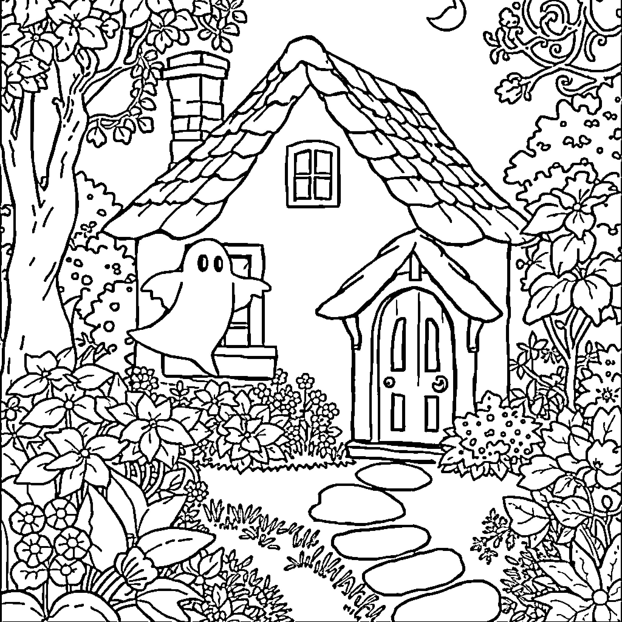 Ghost house in a fantasy garden Coloring Page (free black-and-white line drawing printable PDF for all, from beginners to advanced learners, including children, teens, adults, and seniors)