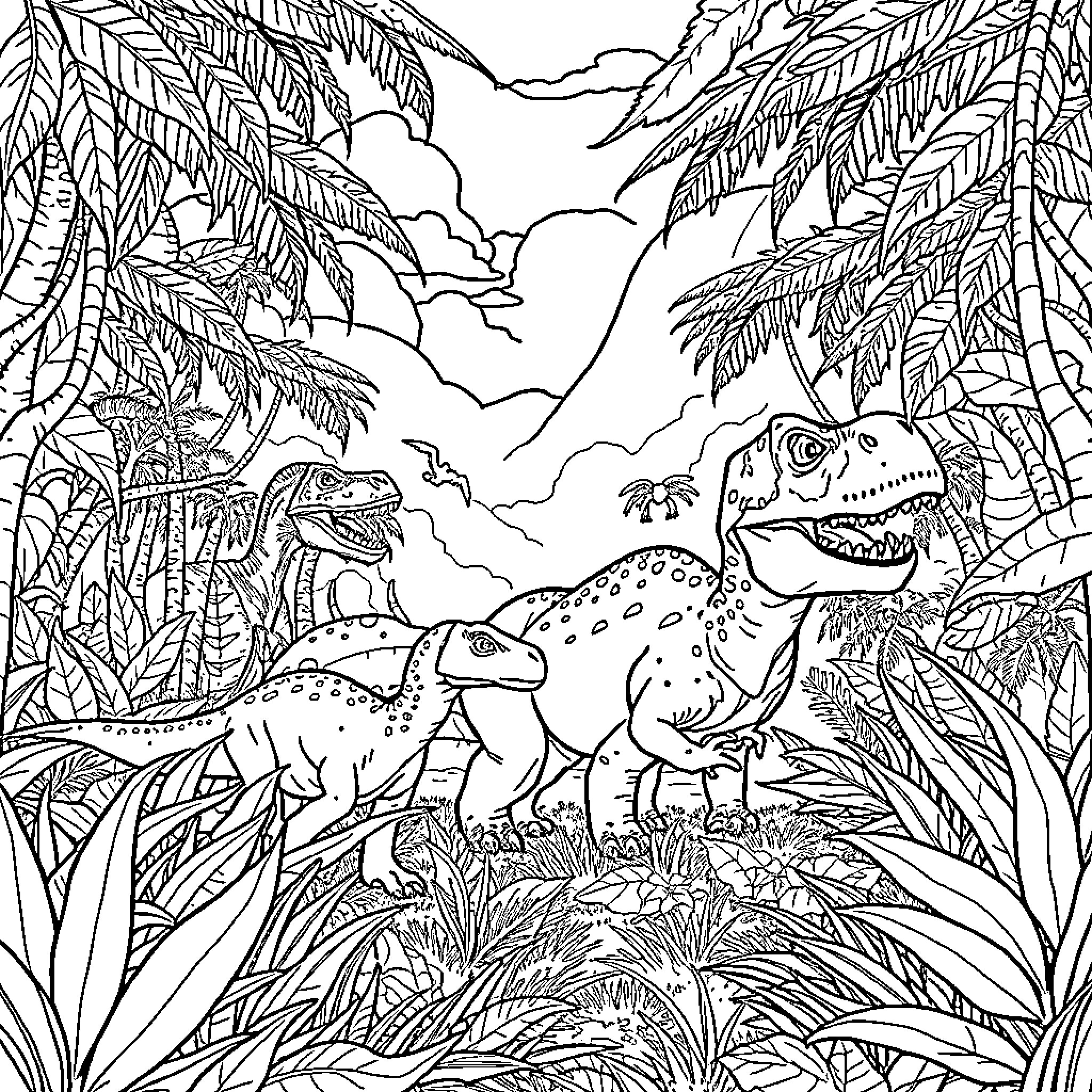 Dinosaurs exploring the lush jungle landscape Coloring Page (free black-and-white line drawing printable PDF for all, from beginners to advanced learners, including children, teens, adults, and seniors)
