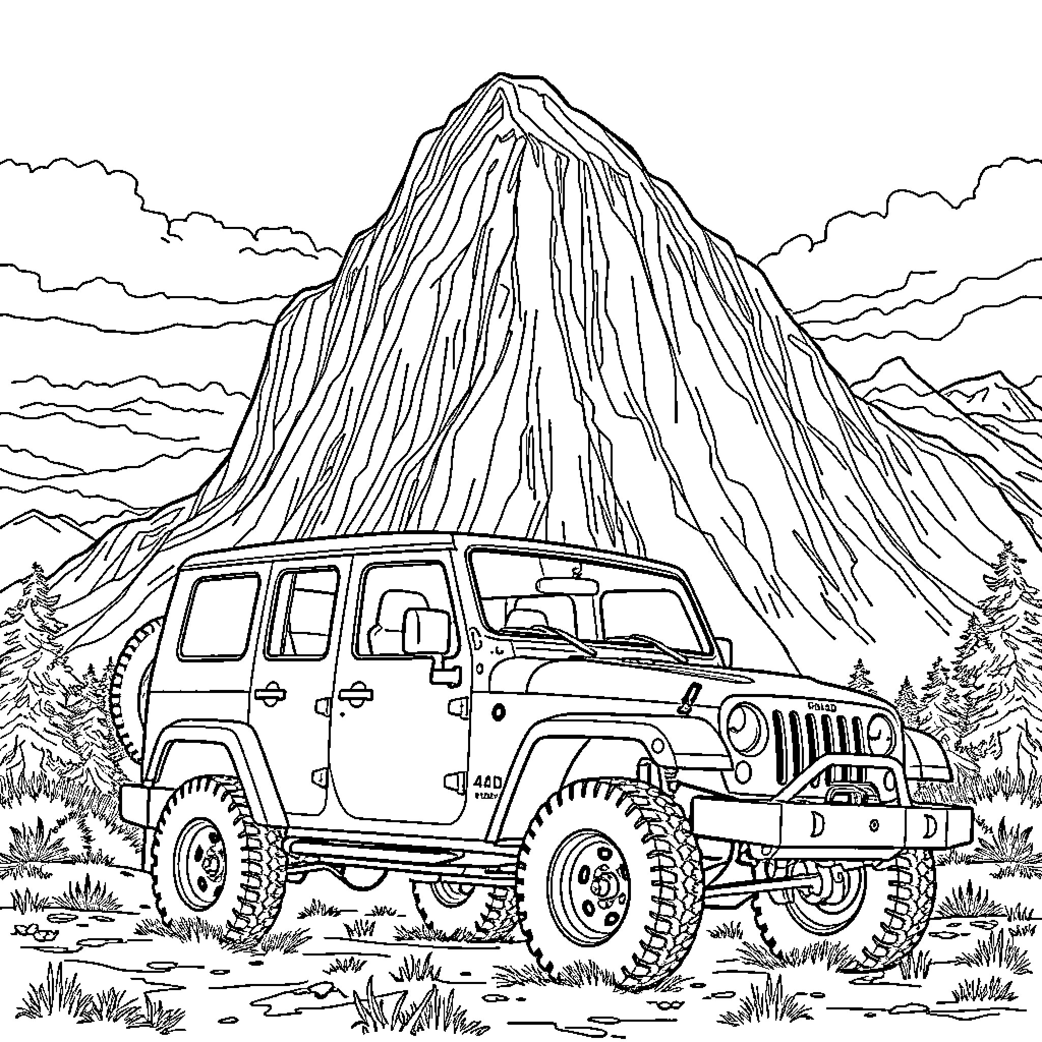 4 WD off-road vehicle exploring rugged mountain landscape Coloring Page (free black-and-white line drawing printable PDF for all, from beginners to advanced learners, including children, teens, adults, and seniors)