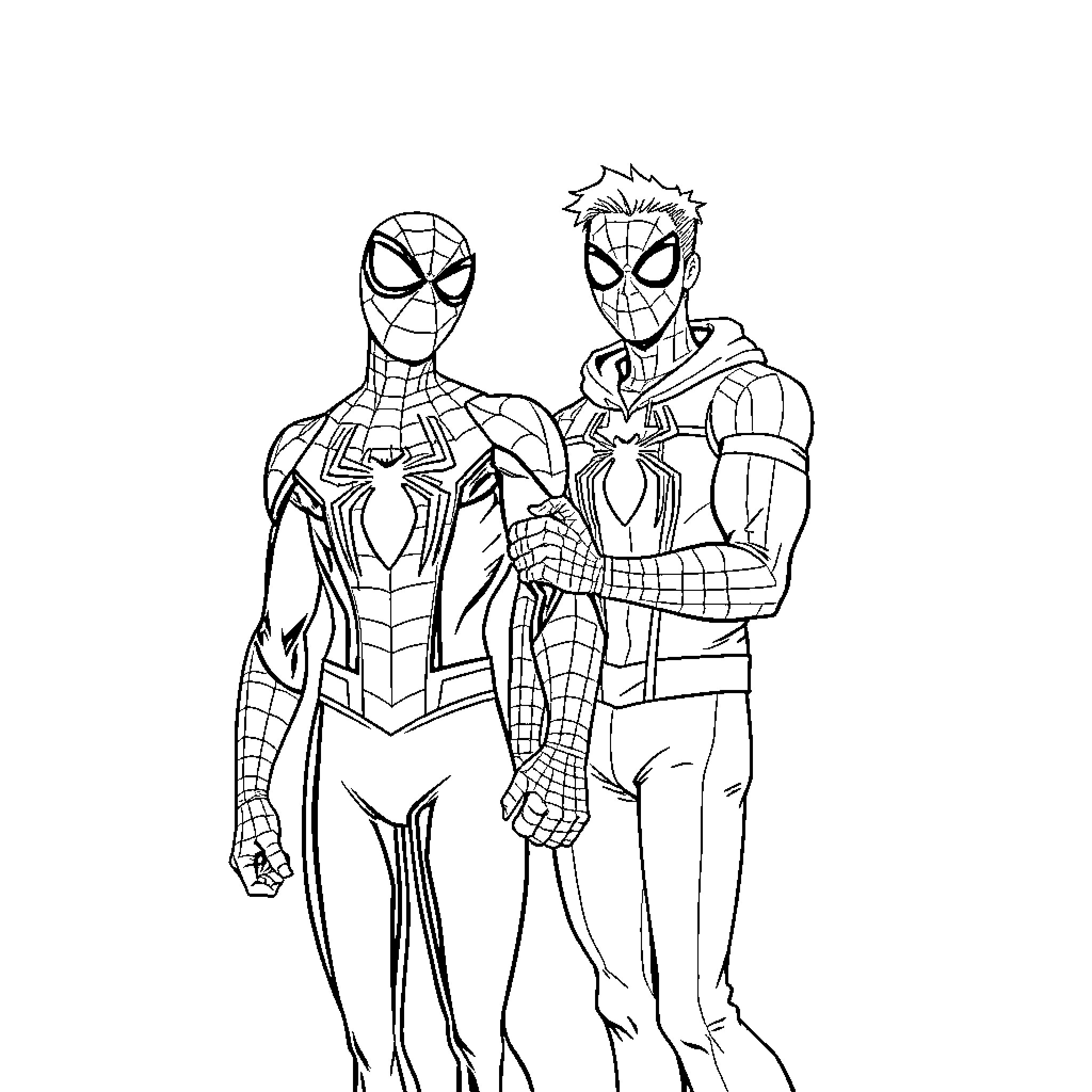 Spiderman and Spiderman working together Coloring Page (free black-and-white line drawing printable PDF for all, from beginners to advanced learners, including children, teens, adults, and seniors)