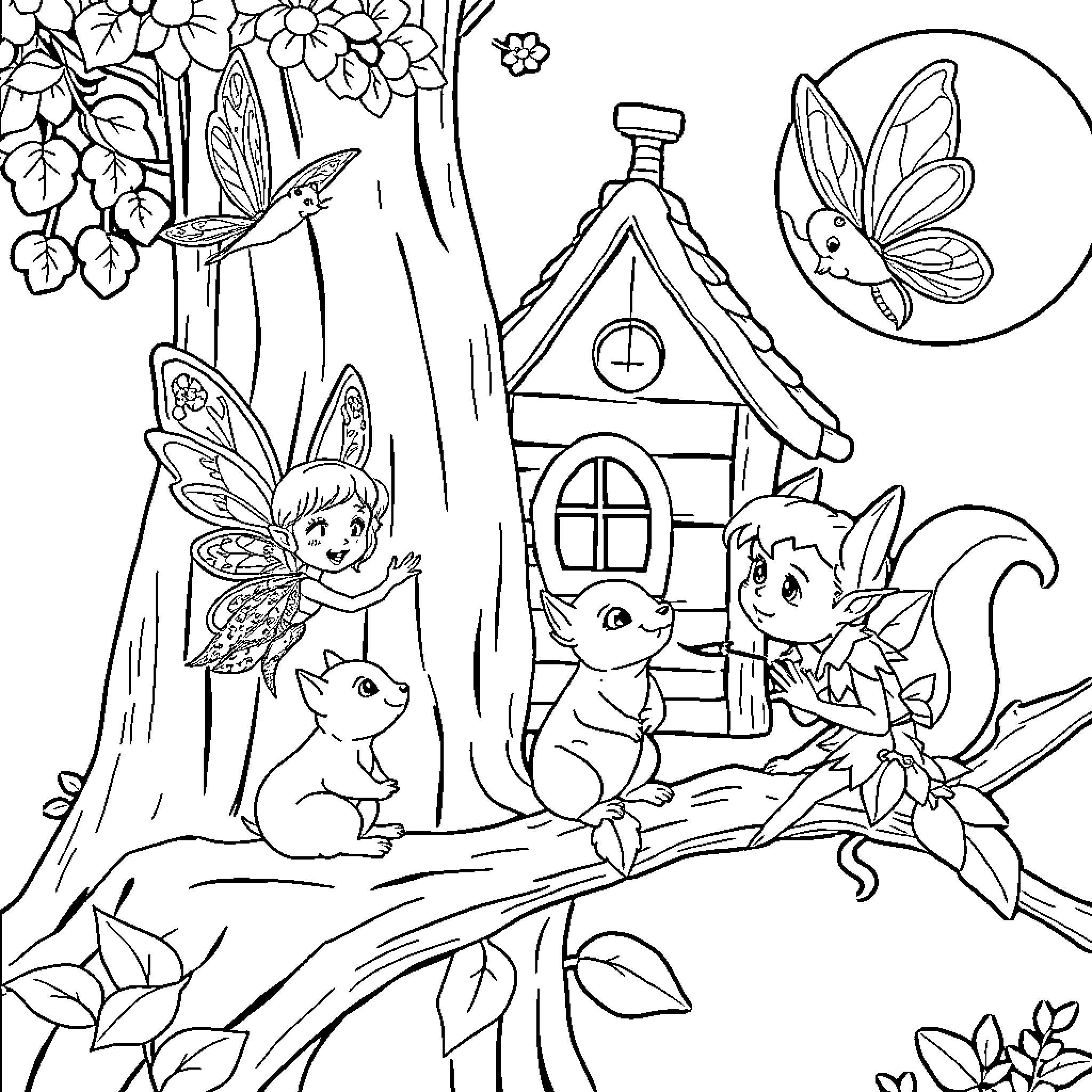 Fairy Creatures Exploring Whimsical Forest Dwelling Coloring Page (free black-and-white line drawing printable PDF for all, from beginners to advanced learners, including children, teens, adults, and seniors)