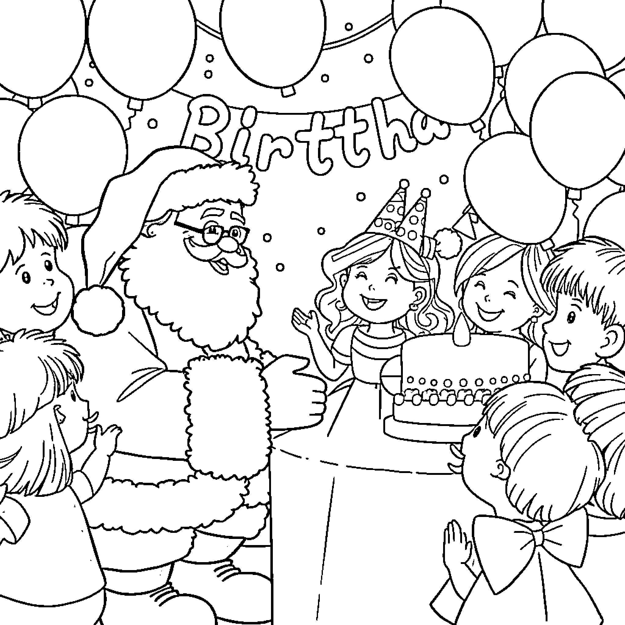 Santa celebrates a festive birthday with children Coloring Page (free black-and-white line drawing printable PDF for all, from beginners to advanced learners, including children, teens, adults, and seniors)