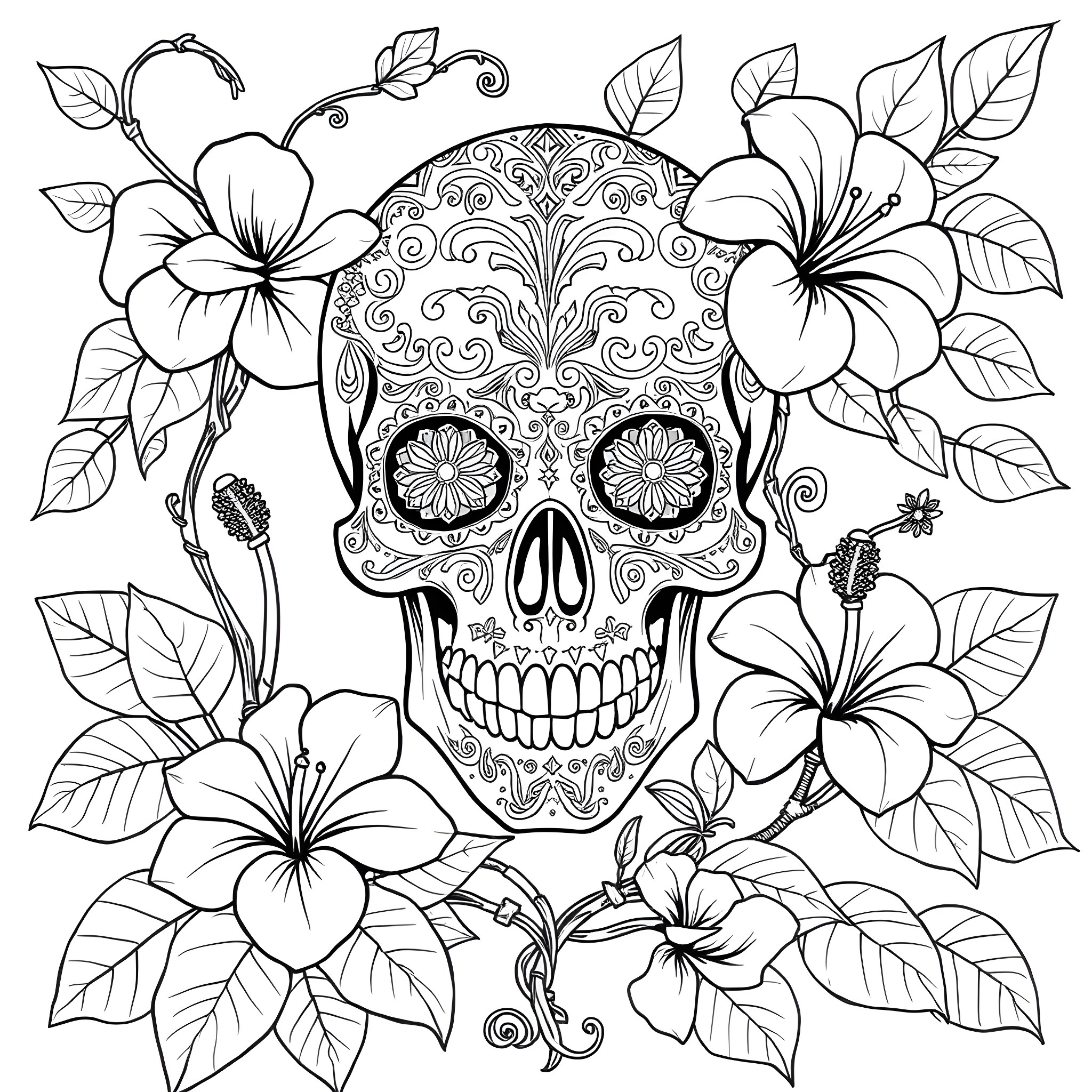 Skull surrounded by decorative floral elements Coloring Page (free black-and-white line drawing printable PDF for all, from beginners to advanced learners, including children, teens, adults, and seniors)