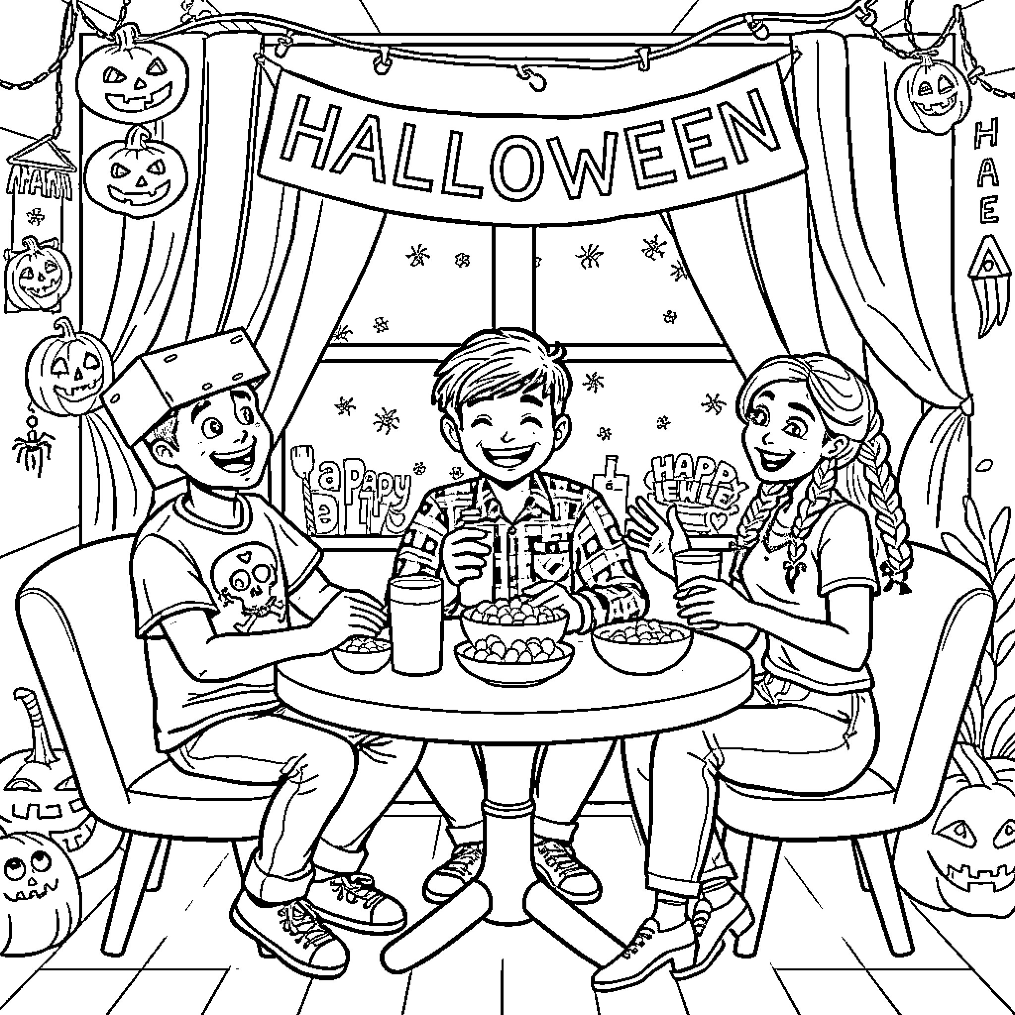 Friends Celebrating Halloween Together Coloring Page (free black-and-white line drawing printable PDF for all, from beginners to advanced learners, including children, teens, adults, and seniors)