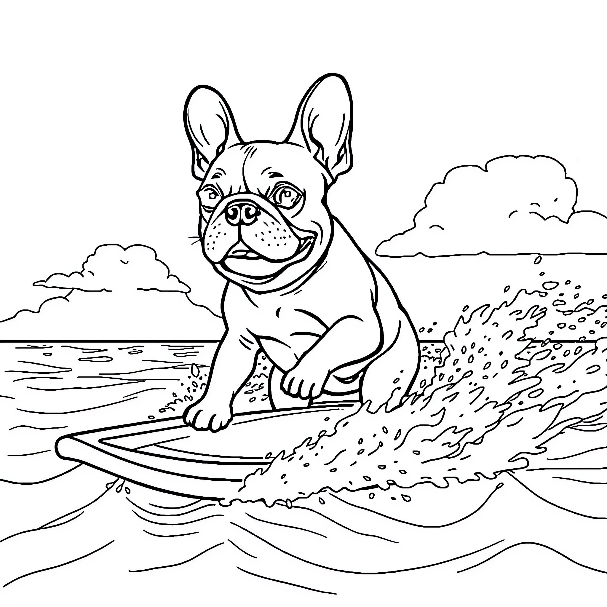 French Bulldog surfing on the waves Coloring Page (free black-and-white line drawing printable PDF for all, from beginners to advanced learners, including children, teens, adults, and seniors)