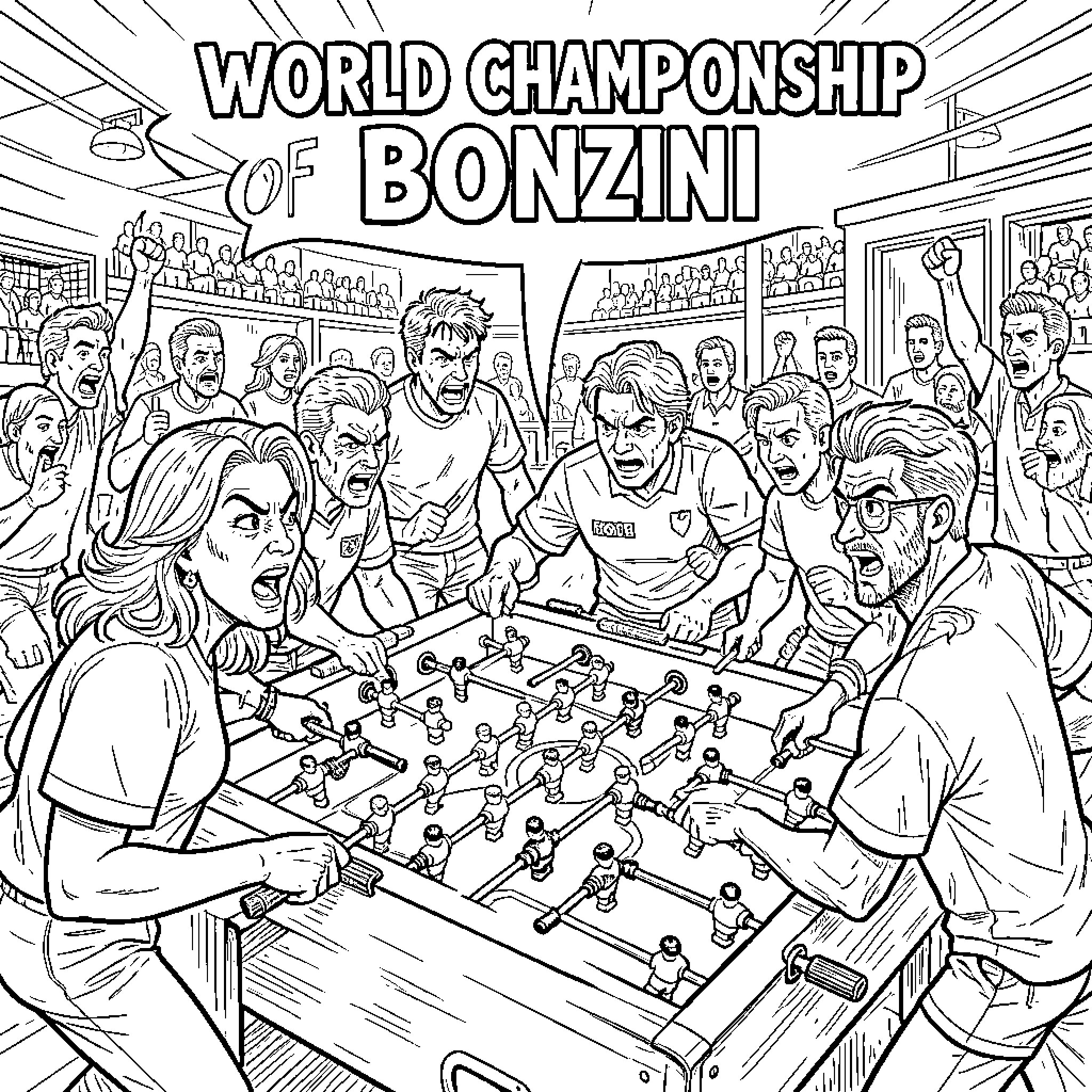 Bonzini players competing intensely in a crowded tournament Coloring Page (free black-and-white line drawing printable PDF for all, from beginners to advanced learners, including children, teens, adults, and seniors)