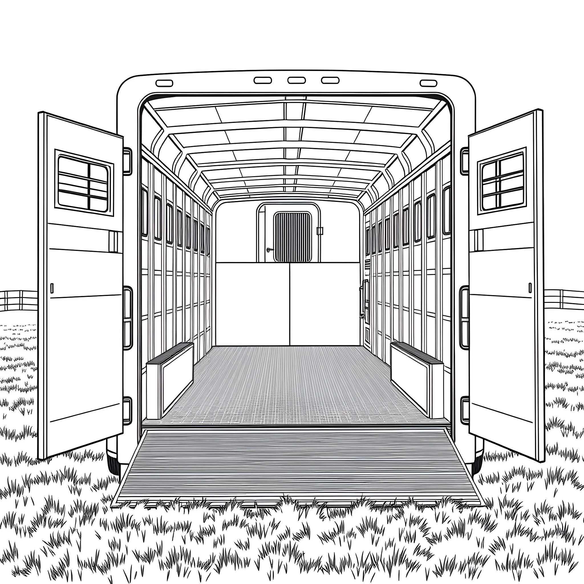 Gooseneck Trailer with Open Doors in Grassy Field Coloring Page (free black-and-white line drawing printable PDF for all, from beginners to advanced learners, including children, teens, adults, and seniors)