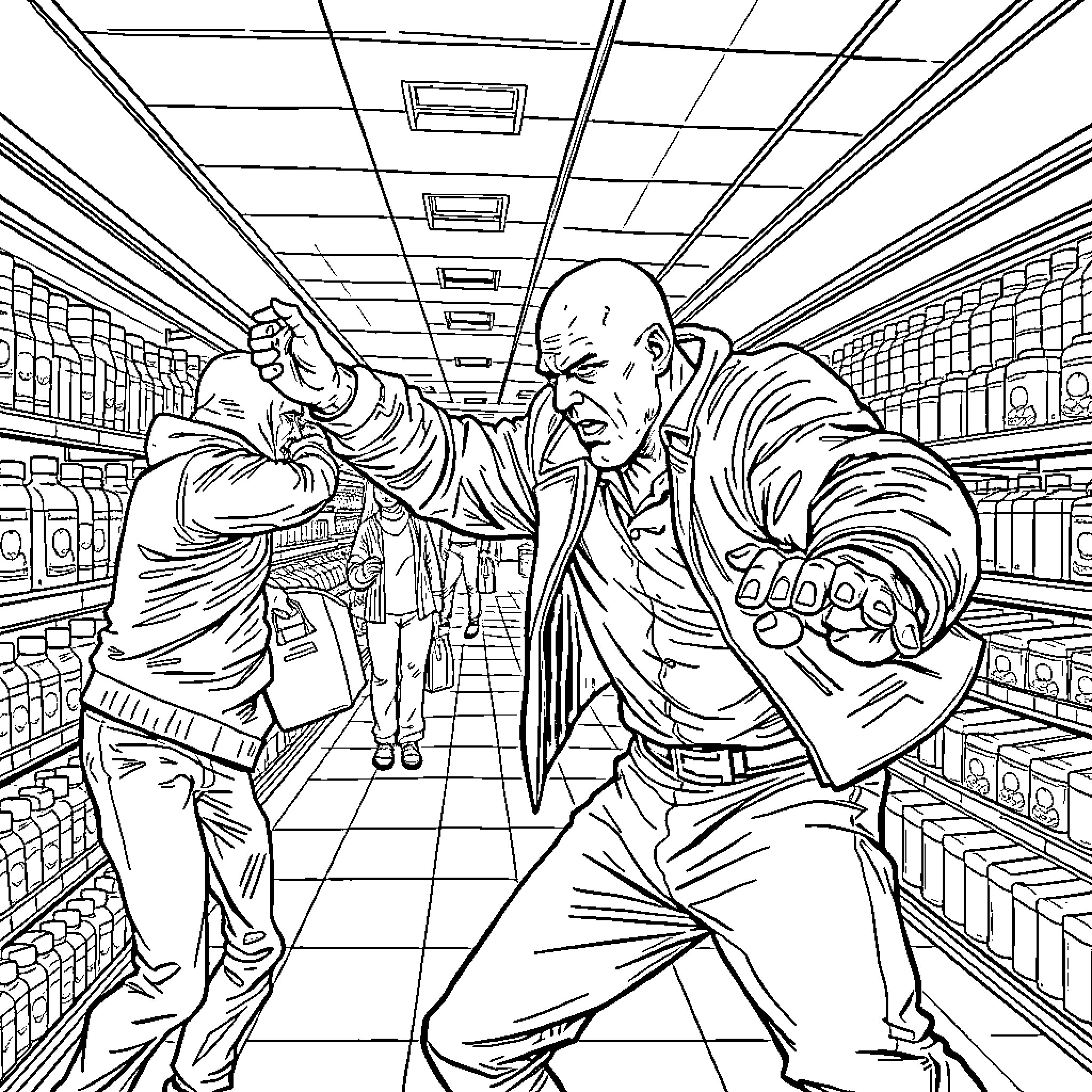 Bald Guy fighting in office warehouse Coloring Page (free black-and-white line drawing printable PDF for all, from beginners to advanced learners, including children, teens, adults, and seniors)