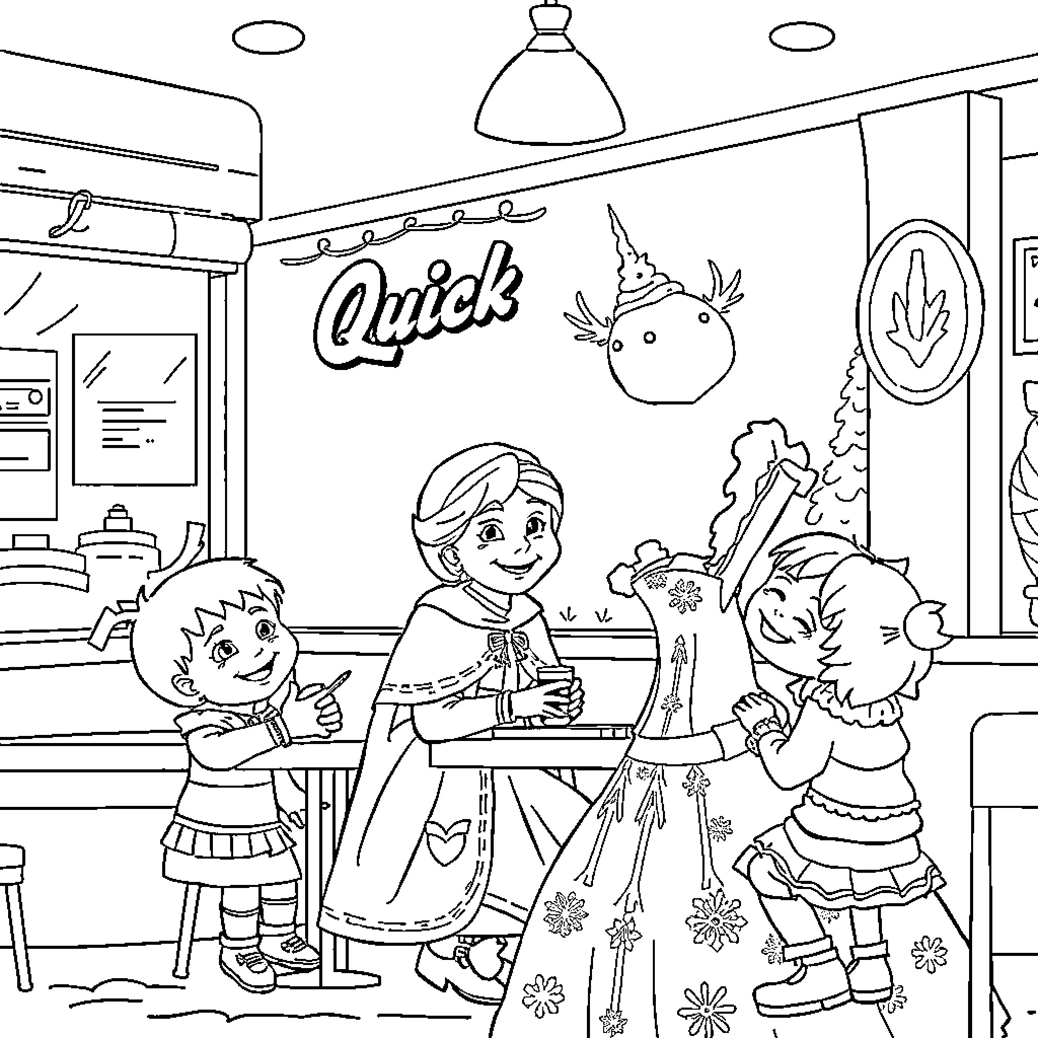 Snow Queen and her friends visit the Quick store Coloring Page (free black-and-white line drawing printable PDF for all, from beginners to advanced learners, including children, teens, adults, and seniors)