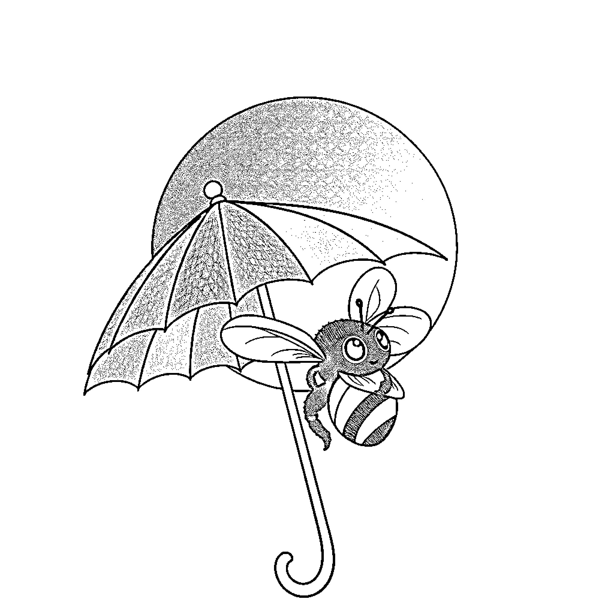 Bee sheltering under an umbrella Coloring Page (free black-and-white line drawing printable PDF for all, from beginners to advanced learners, including children, teens, adults, and seniors)