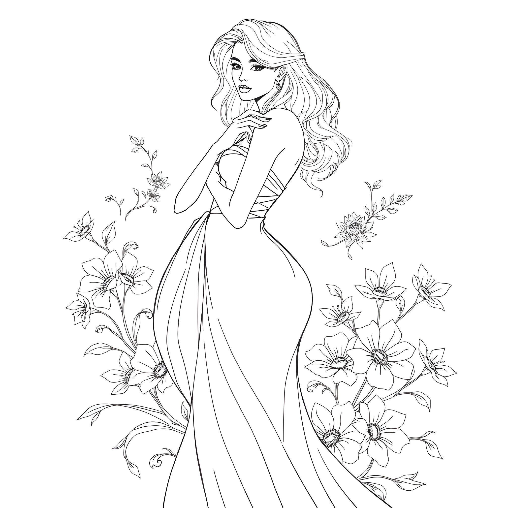 Female in elegant flowing dress amidst floral scenery Coloring Page (free black-and-white line drawing printable PDF for all, from beginners to advanced learners, including children, teens, adults, and seniors)
