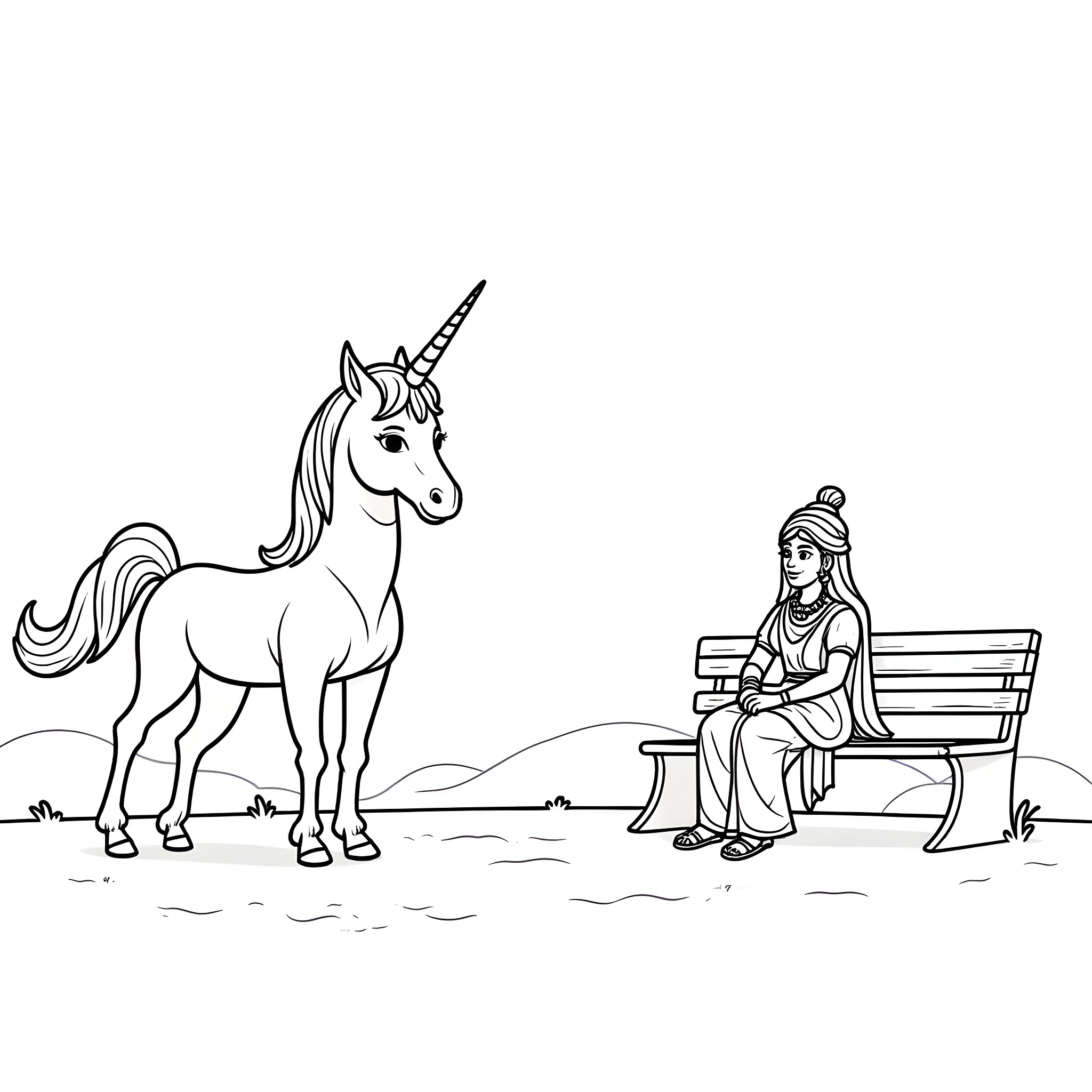 Unicorn resting by a person on a bench Coloring Page (free black-and-white line drawing printable PDF for all, from beginners to advanced learners, including children, teens, adults, and seniors)