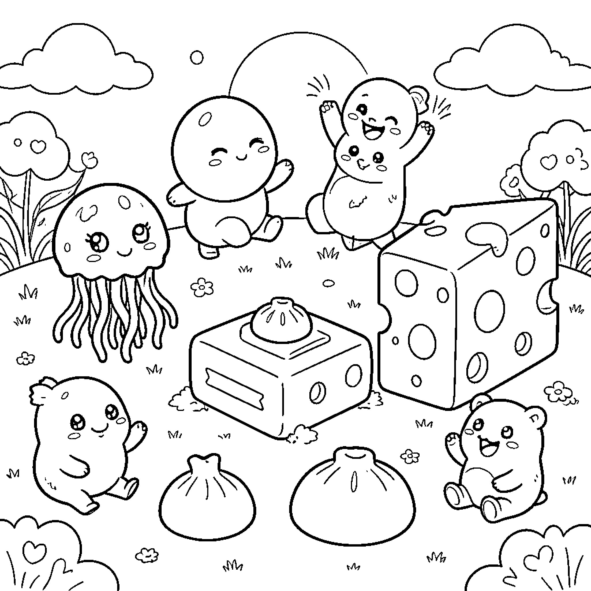 Squishy Toy characters dancing happily in a field Coloring Page (free black-and-white line drawing printable PDF for all, from beginners to advanced learners, including children, teens, adults, and seniors)