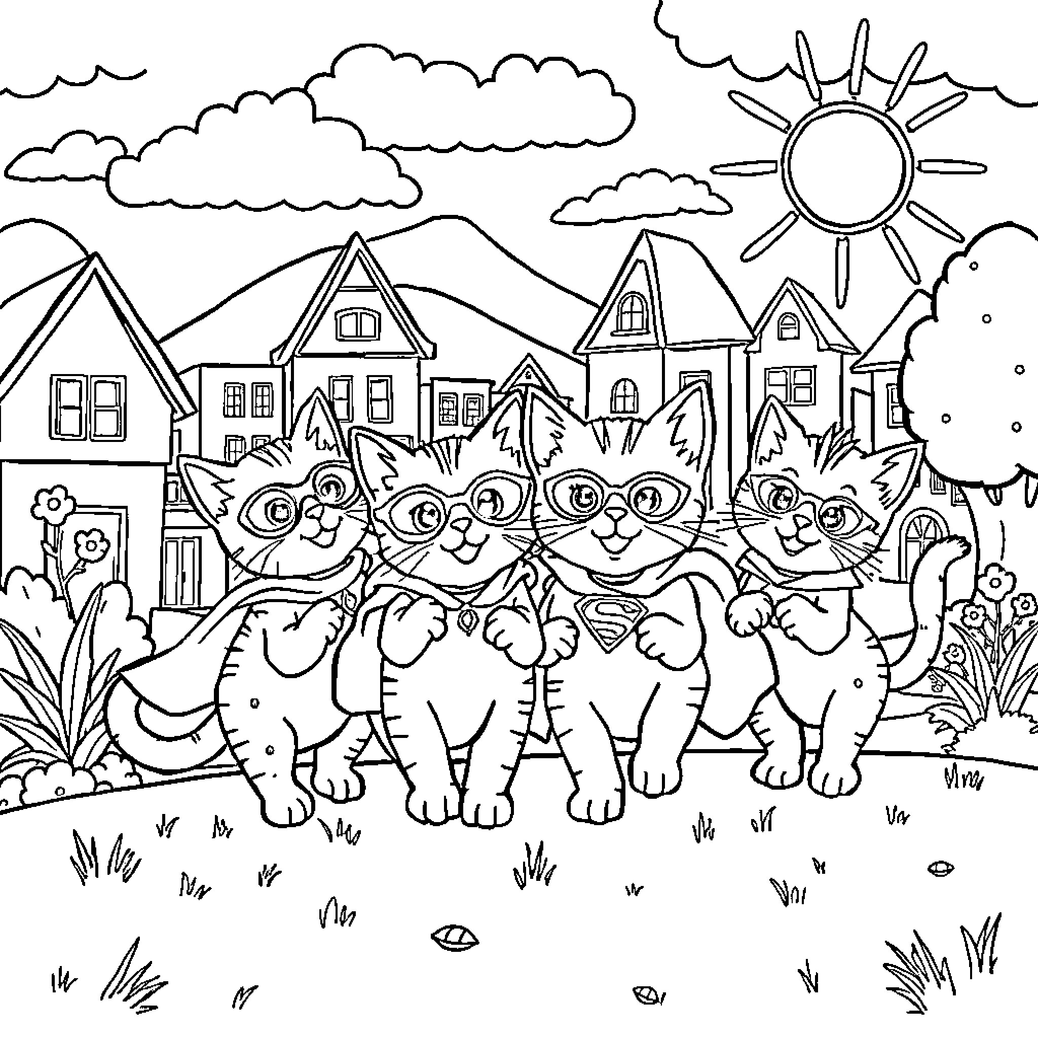 Kitty cats playing in the neighborhood Coloring Page (free black-and-white line drawing printable PDF for all, from beginners to advanced learners, including children, teens, adults, and seniors)