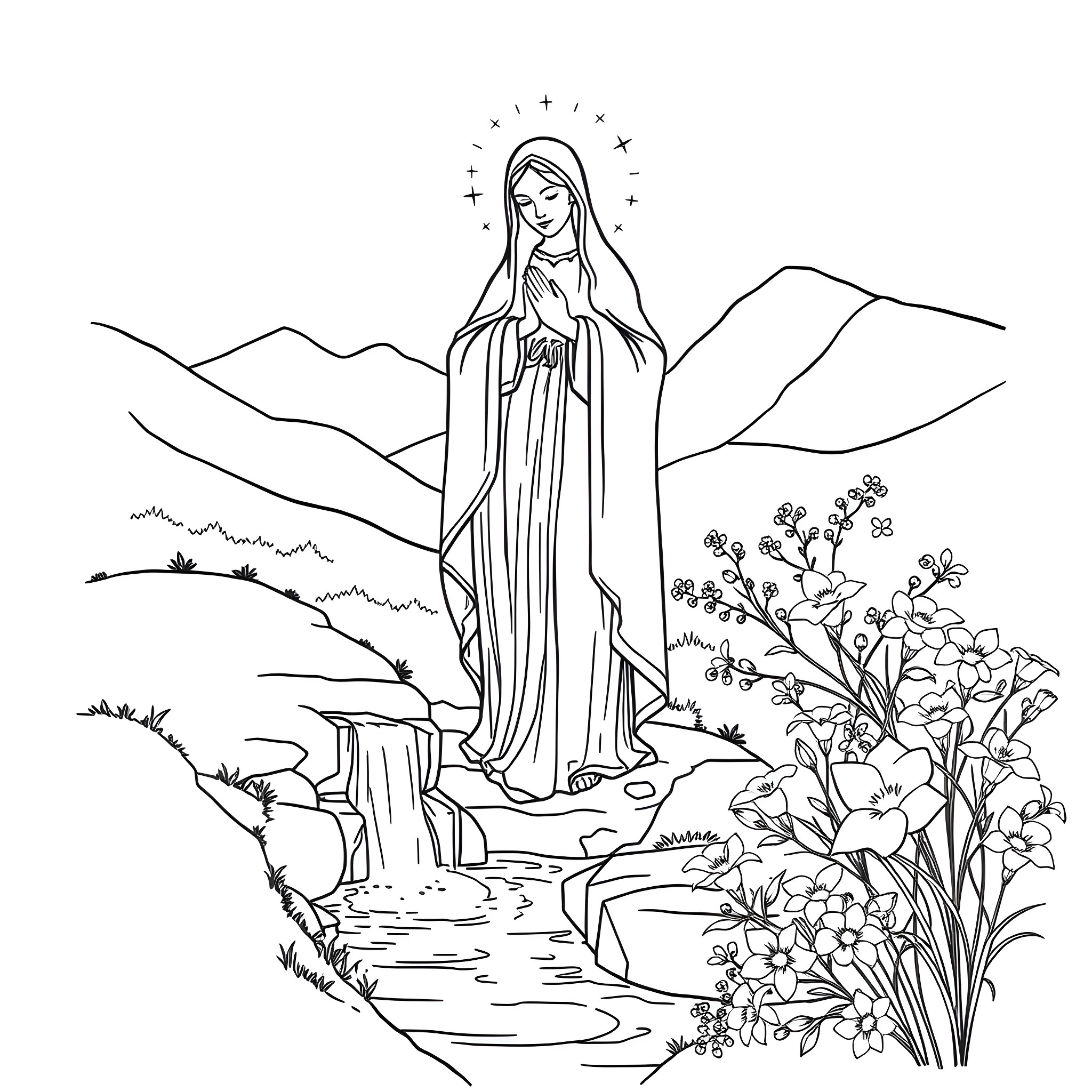 Our Lady of Lourdes stands gracefully in a serene mountain landscape Coloring Page (free black-and-white line drawing printable PDF for all, from beginners to advanced learners, including children, teens, adults, and seniors)
