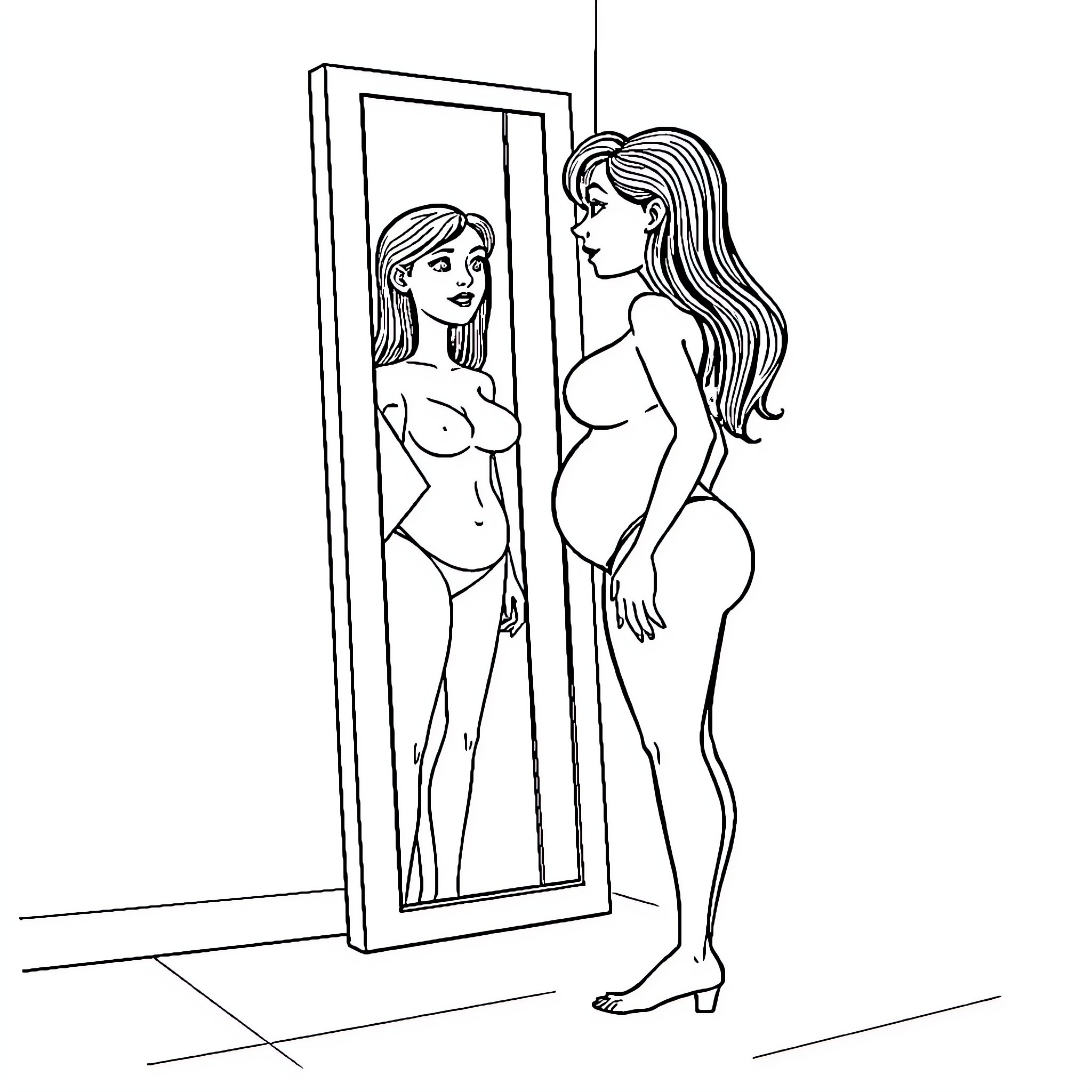 Woman examining her reflection in mirror Coloring Page (free black-and-white line drawing printable PDF for all, from beginners to advanced learners, including children, teens, adults, and seniors)