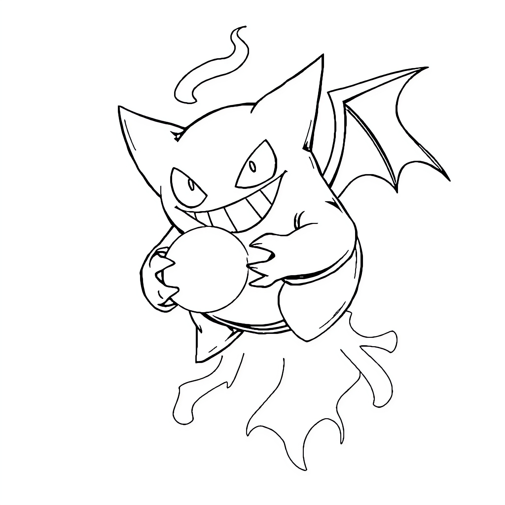 Gengar playfully holding a ball Coloring Page (free black-and-white line drawing printable PDF for all, from beginners to advanced learners, including children, teens, adults, and seniors)