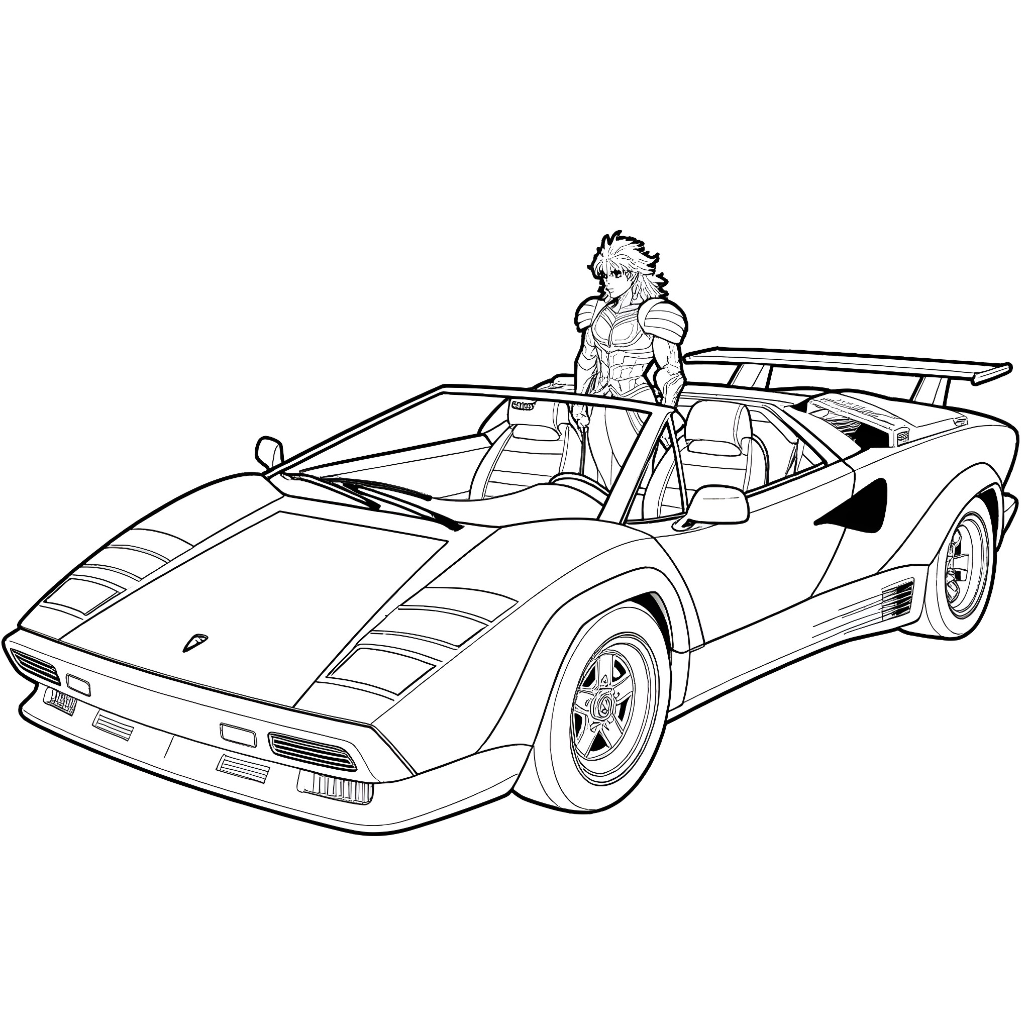 Phoenix driving a futuristic sports car Coloring Page (free black-and-white line drawing printable PDF for all, from beginners to advanced learners, including children, teens, adults, and seniors)