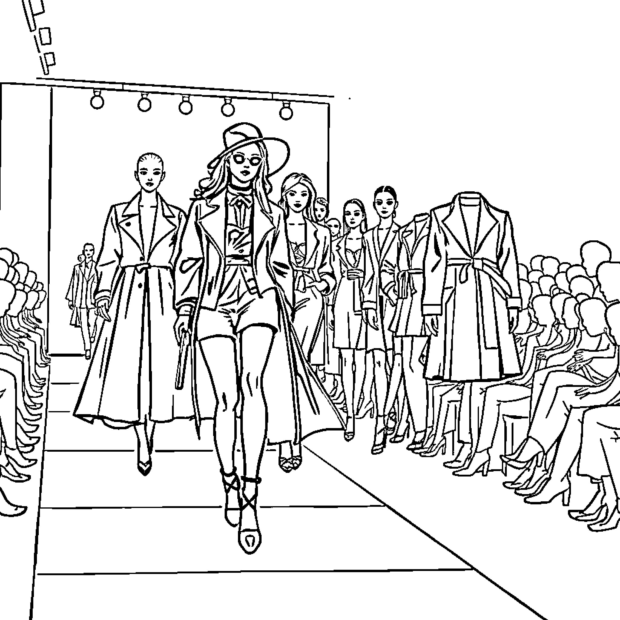Fashion models showcase stylish outfits on runway Coloring Page (free black-and-white line drawing printable PDF for all, from beginners to advanced learners, including children, teens, adults, and seniors)