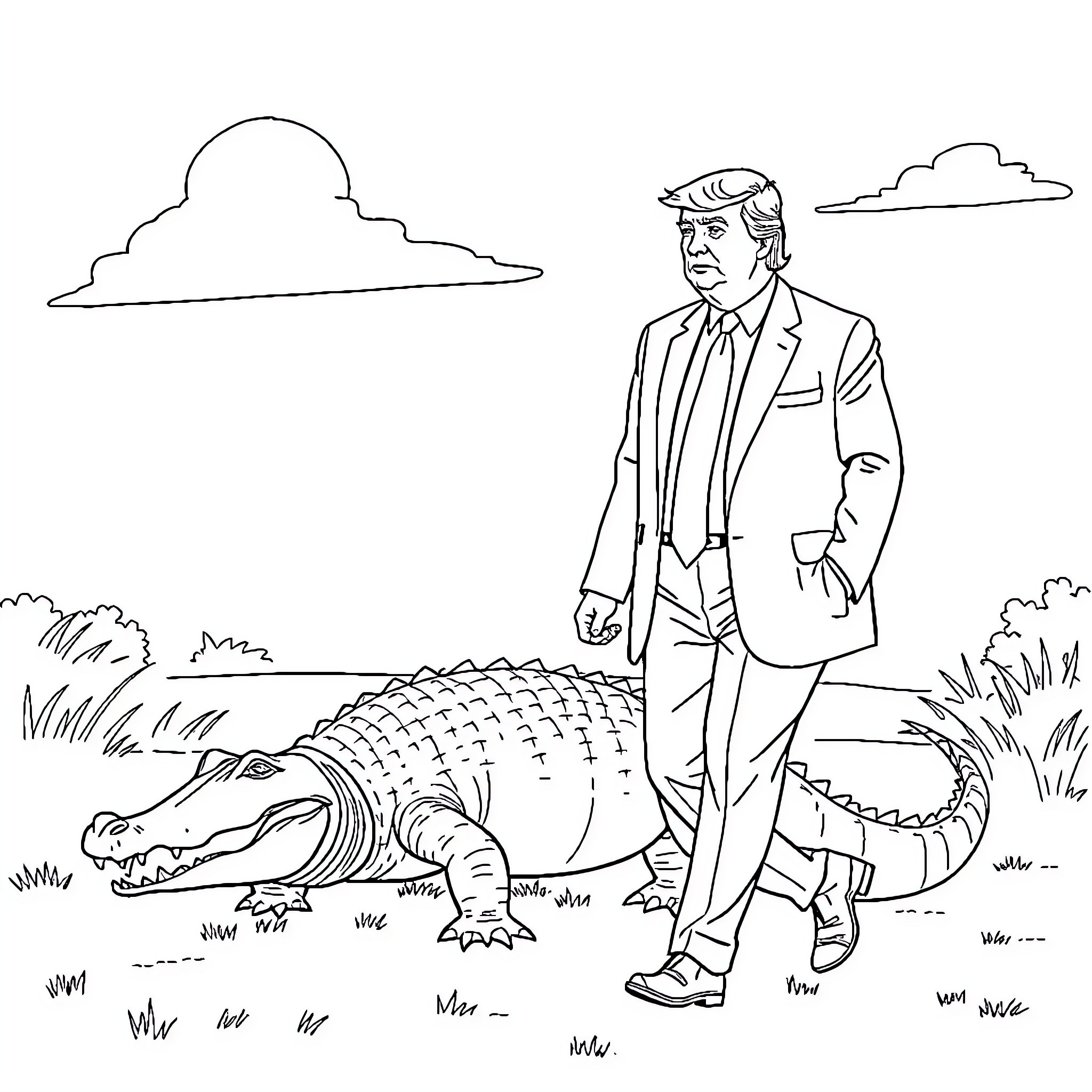 Donald Trump poses with an alligator in a rural setting Coloring Page (free black-and-white line drawing printable PDF for all, from beginners to advanced learners, including children, teens, adults, and seniors)
