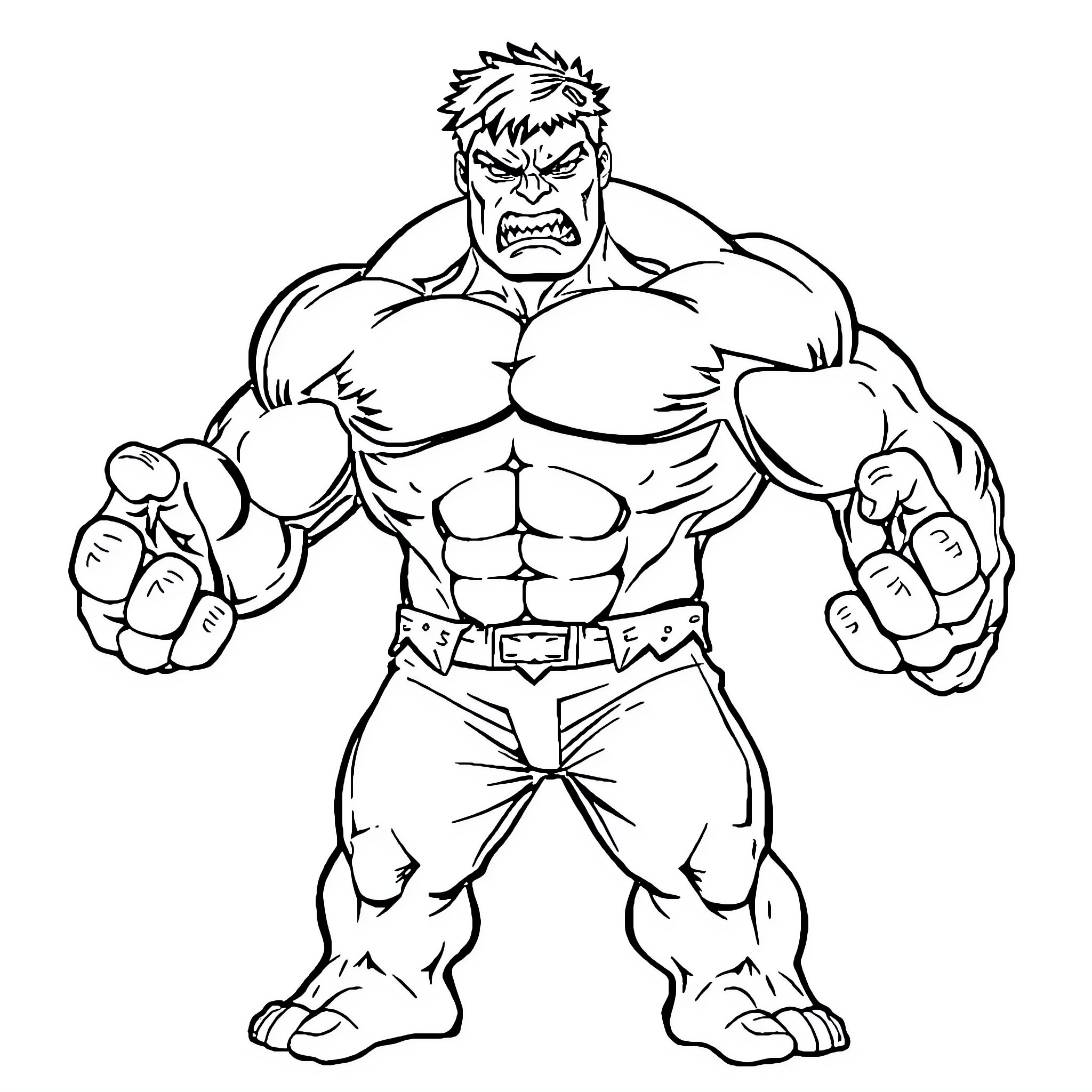 Hulk Unleashing Incredible Strength in Fierce Pose Coloring Page (free black-and-white line drawing printable PDF for all, from beginners to advanced learners, including children, teens, adults, and seniors)