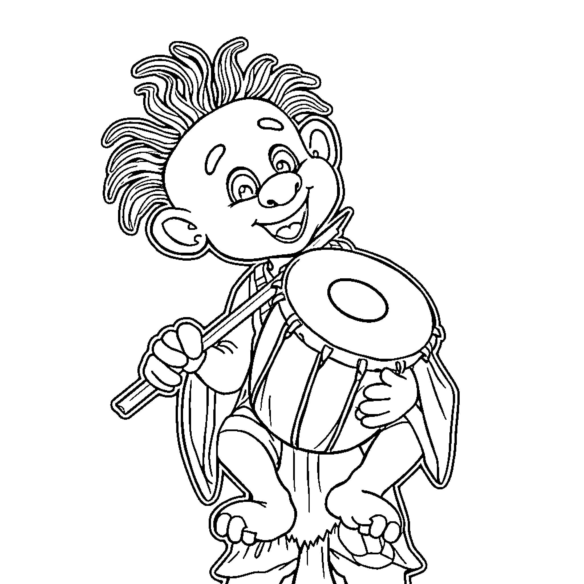 Bumba playing happily with drums Coloring Page (free black-and-white line drawing printable PDF for all, from beginners to advanced learners, including children, teens, adults, and seniors)