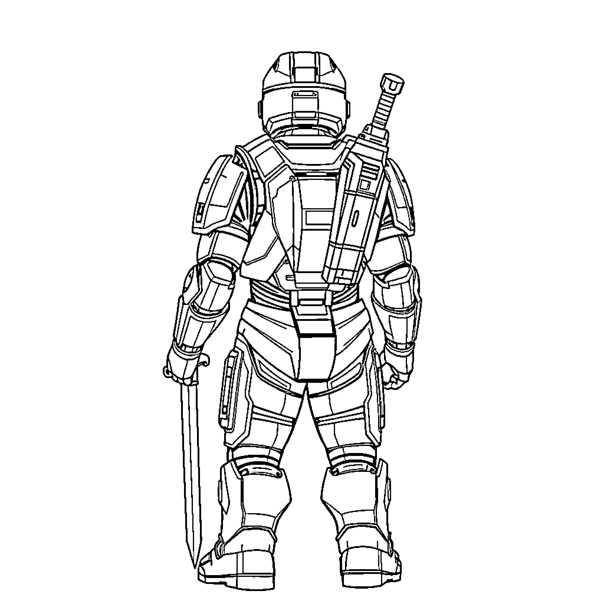 Master Chief in Iconic Sci-Fi Armor Coloring Page (free black-and-white line drawing printable PDF for all, from beginners to advanced learners, including children, teens, adults, and seniors)