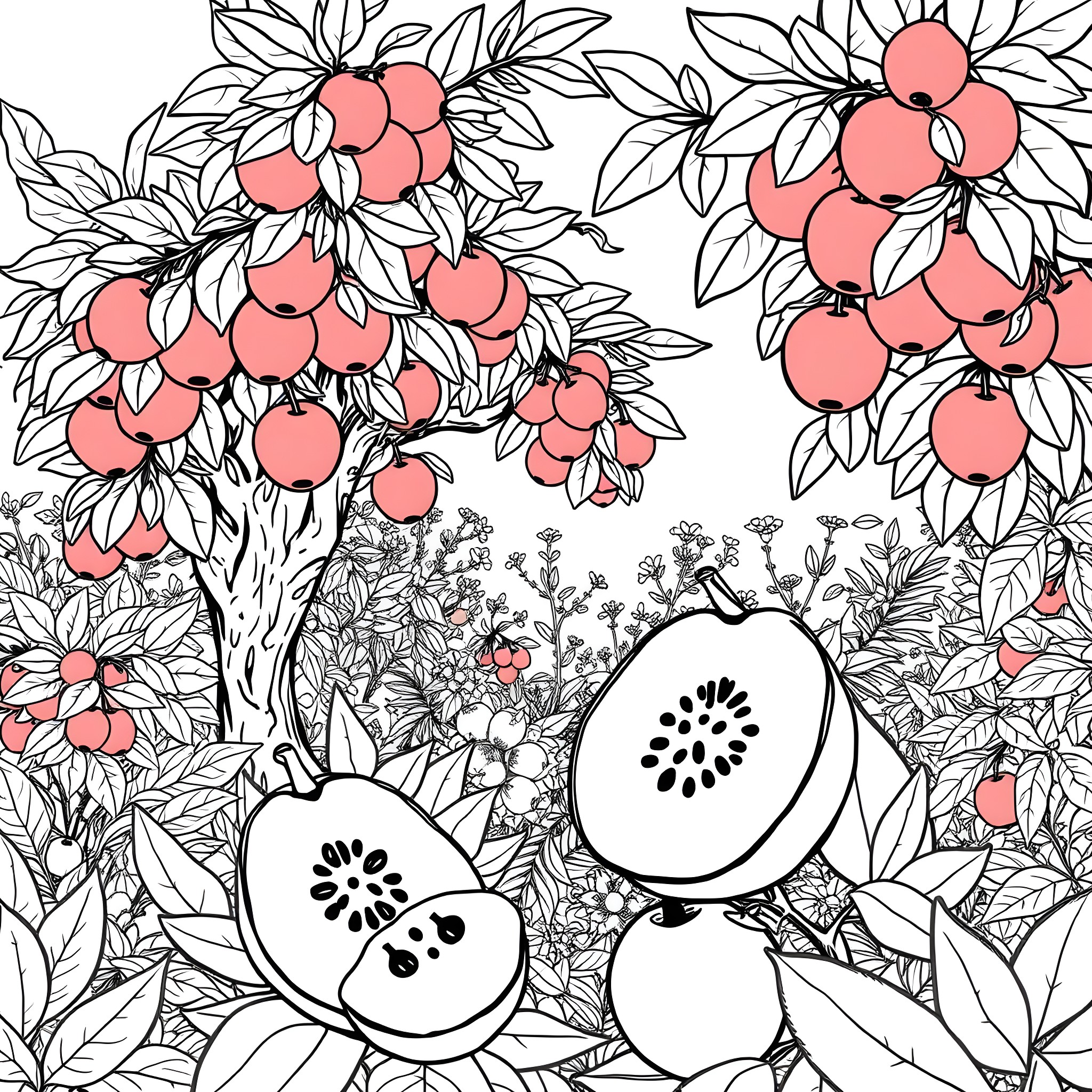 Fruit Garden with Flowering Plants Coloring Page (free black-and-white line drawing printable PDF for all, from beginners to advanced learners, including children, teens, adults, and seniors)