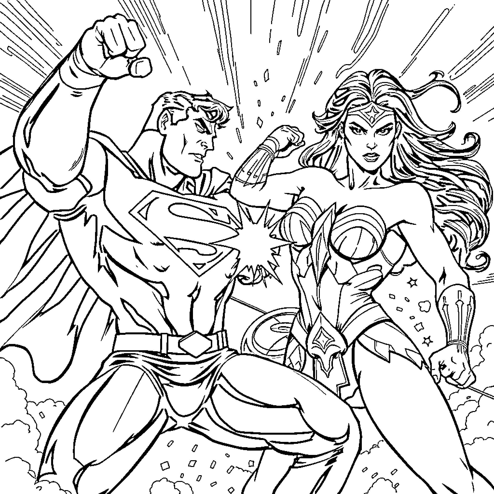 Superman and Wonder Woman in heroic action Coloring Page (free black-and-white line drawing printable PDF for all, from beginners to advanced learners, including children, teens, adults, and seniors)